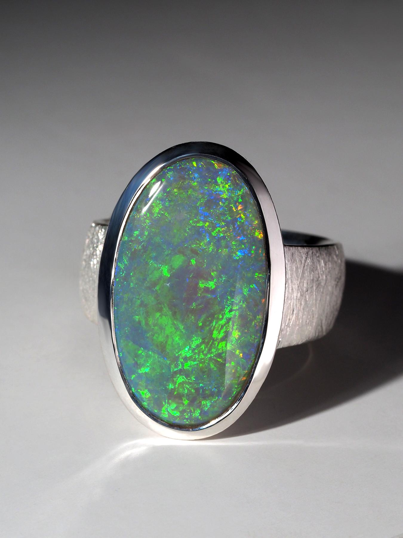 Women's or Men's Large Green Opal Silver Ring For Sale