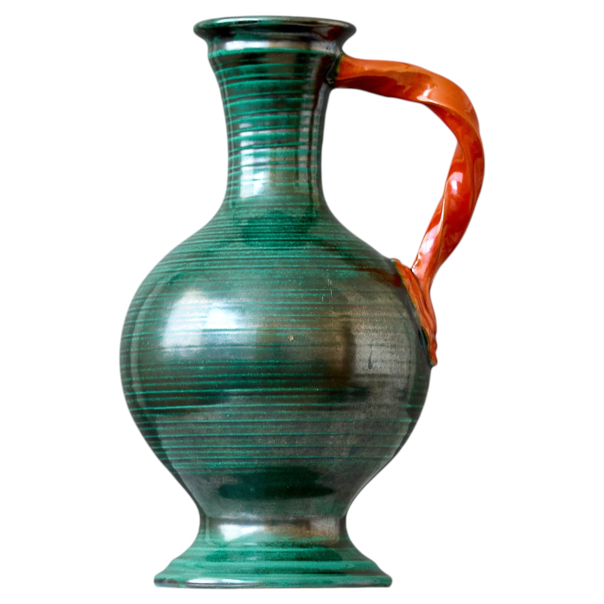 Große grün-orangefarbene Keramikvase im Art déco-Stil von Upsala Ekeby, Schweden, 1940er Jahre. im Angebot