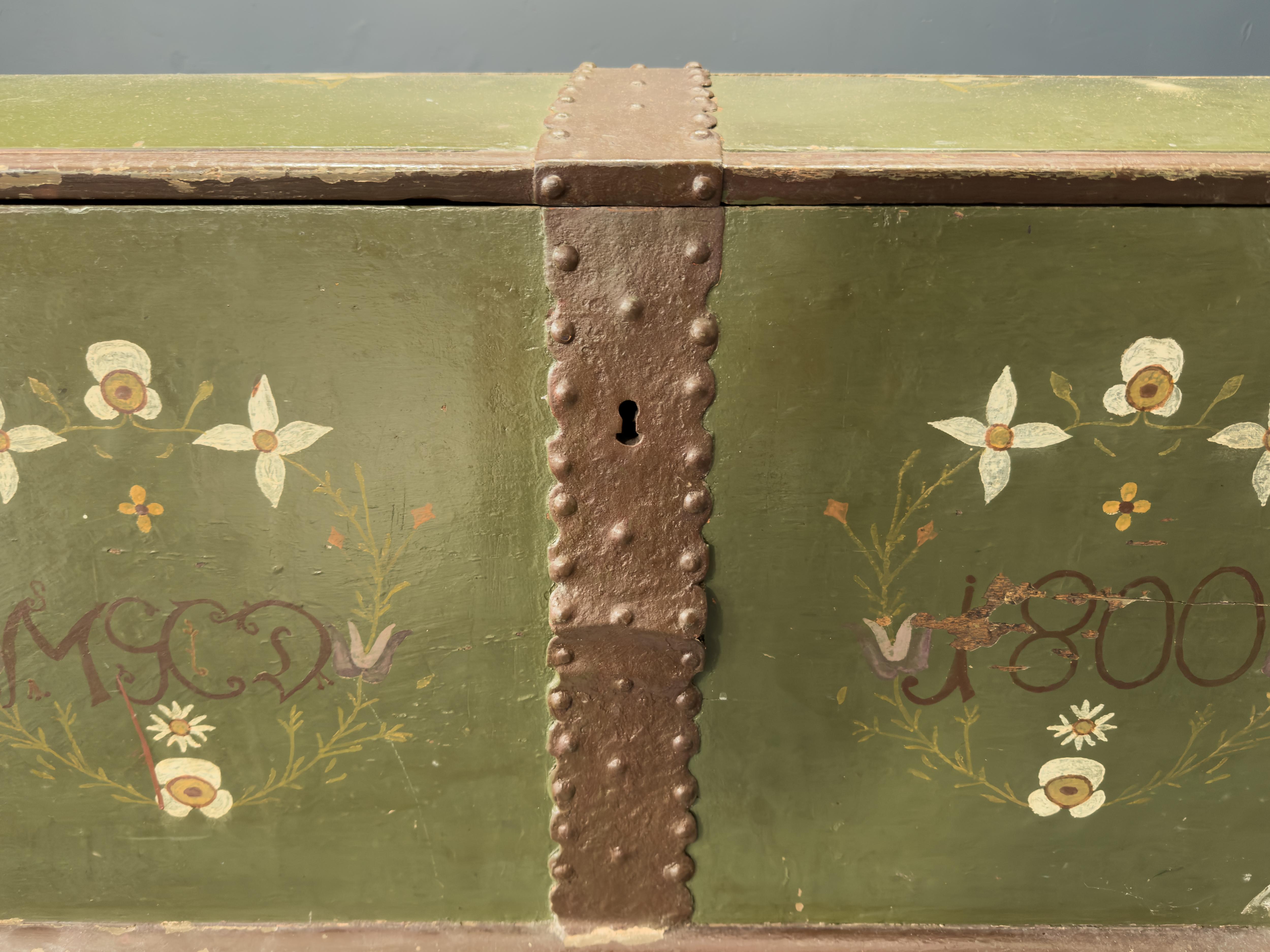 Large Green Painted Danish Folk Chest For Sale 4