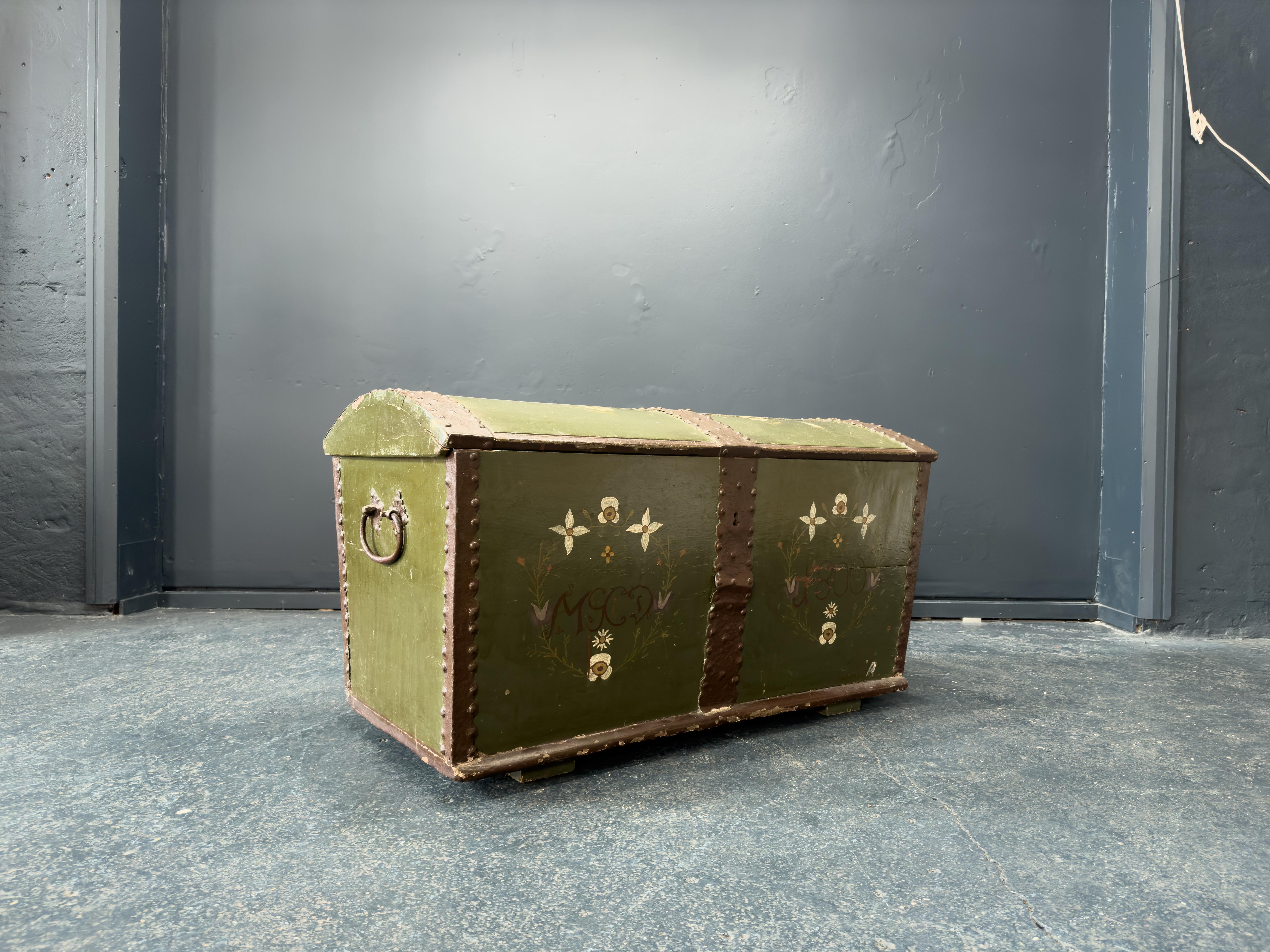 Hand-Painted Large Green Painted Danish Folk Chest For Sale