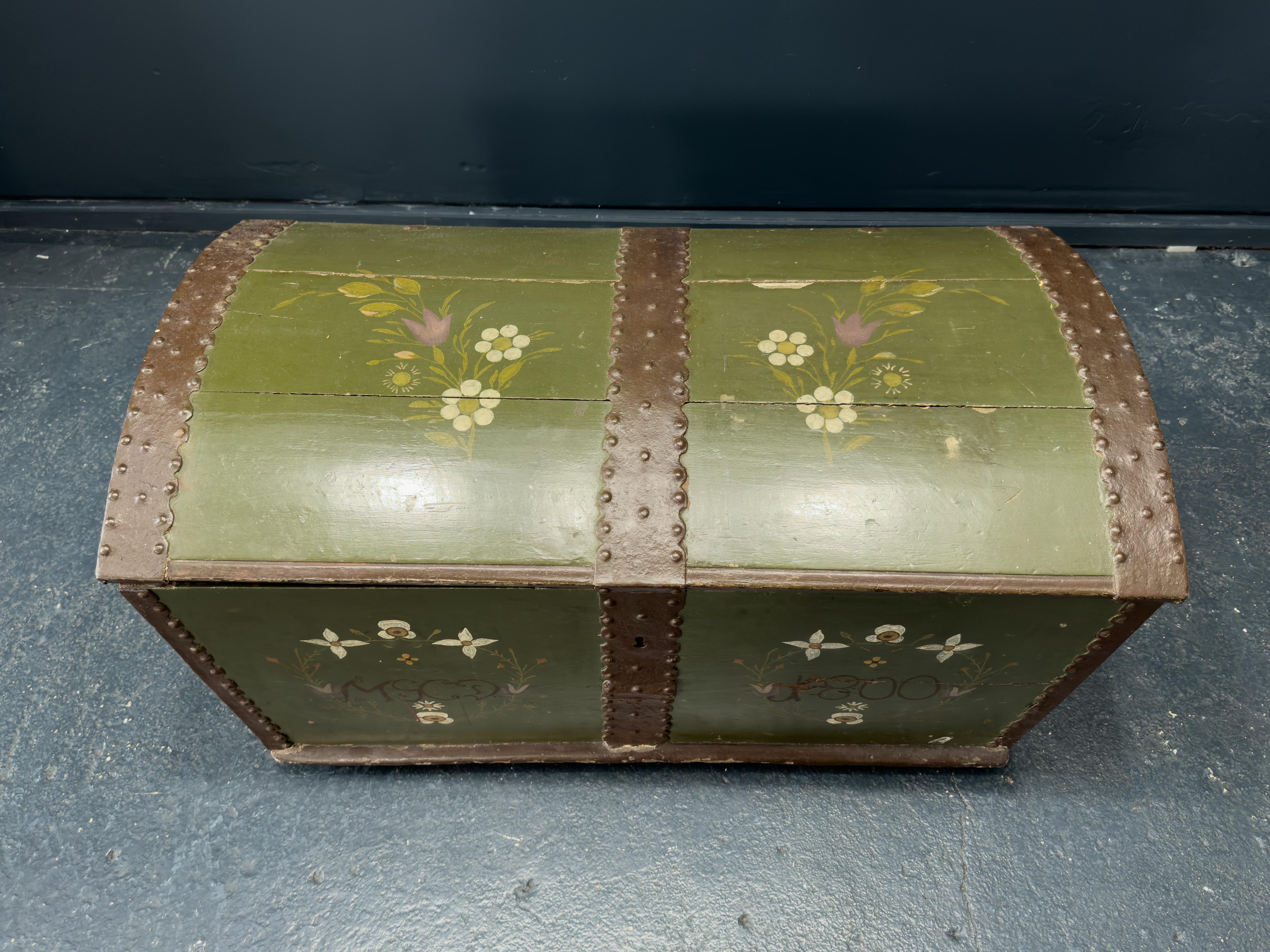 Early 19th Century Large Green Painted Danish Folk Chest For Sale