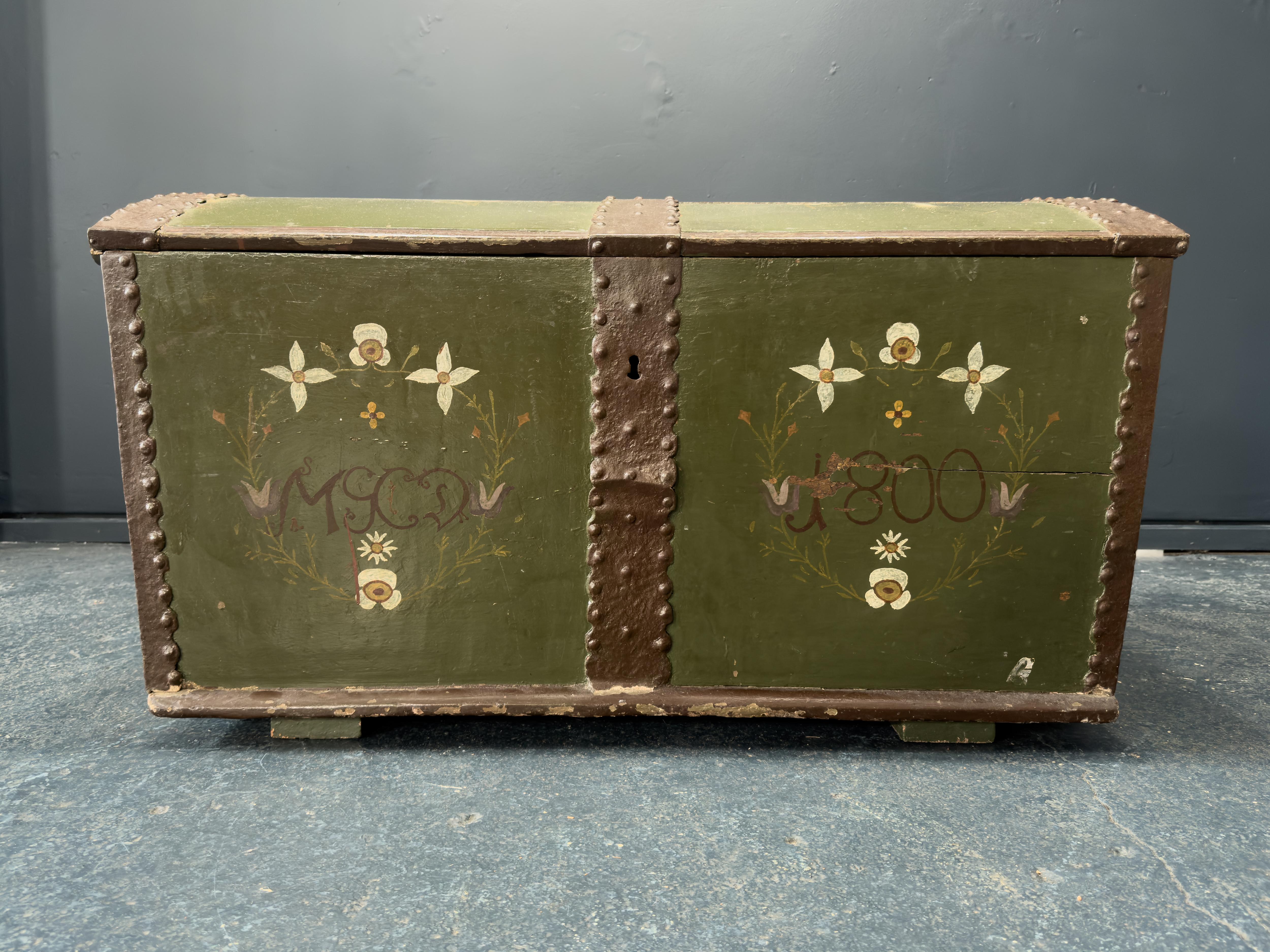 Large Green Painted Danish Folk Chest For Sale 1