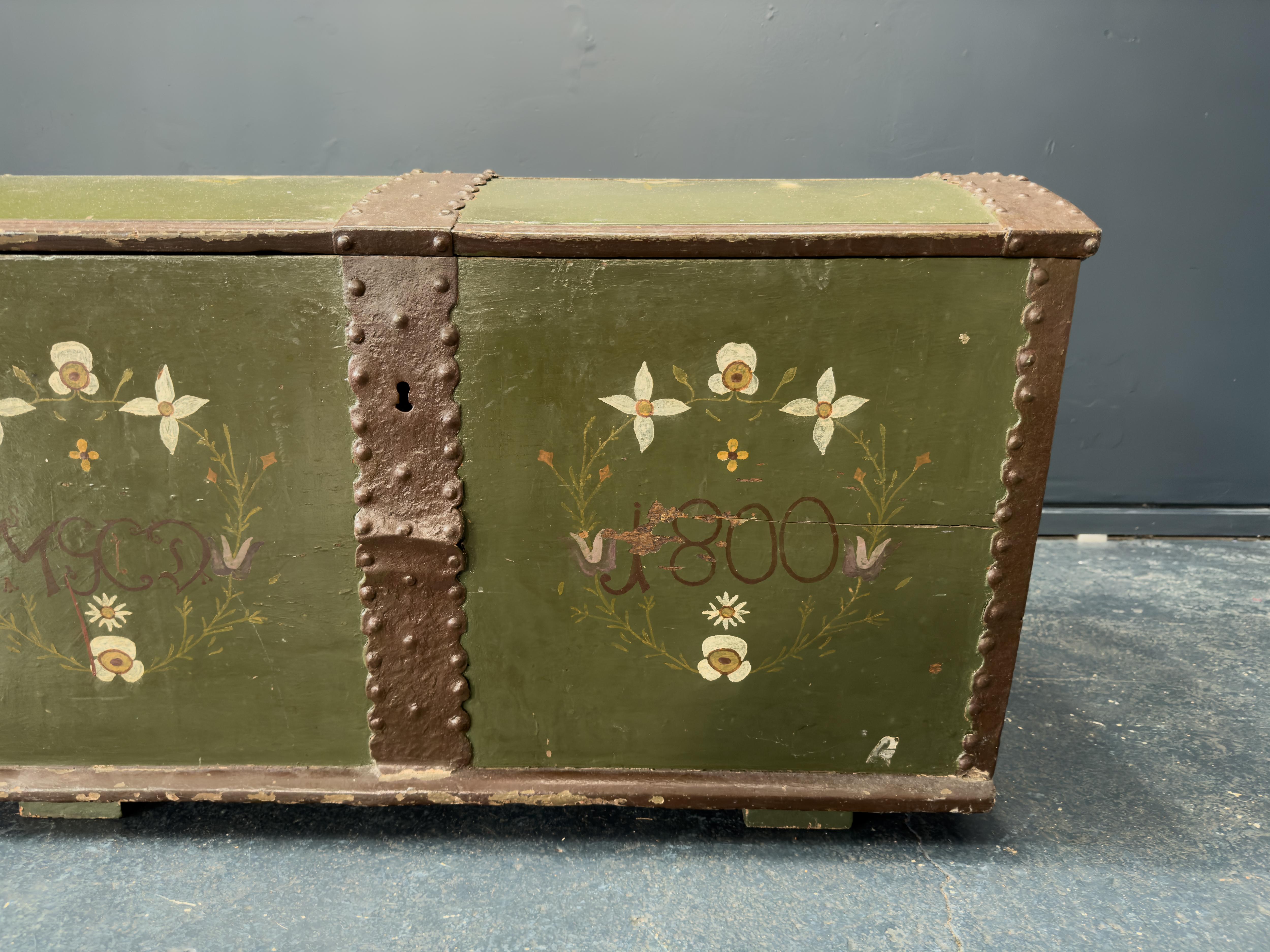 Large Green Painted Danish Folk Chest For Sale 2