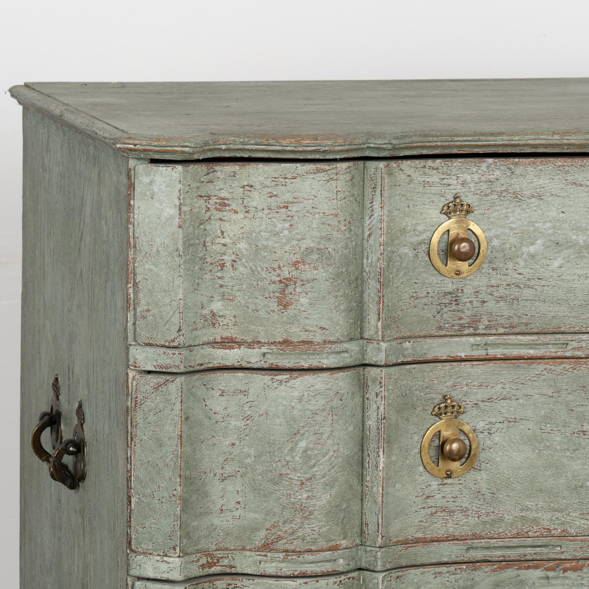 Brass Large Green Painted Oak Rococo Chest of Four Drawers, Denmark circa 1770
