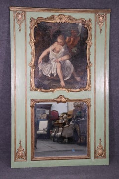 Large Green Painted Trumeau Mirror with Oil Painting of Maiden Circa 1860s