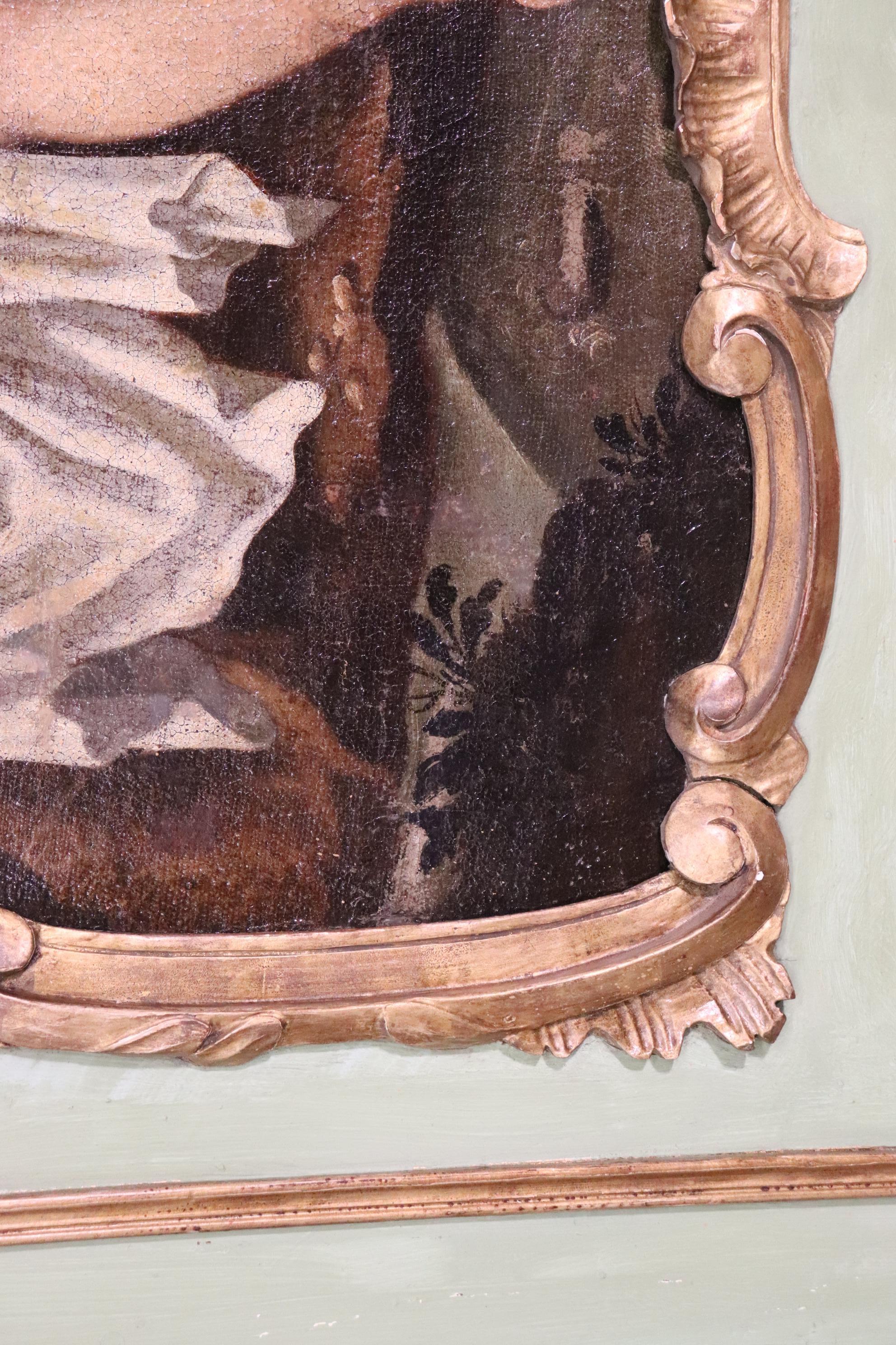 Mid-19th Century Large Green Painted Trumeau Mirror with Oil Painting of Maiden Circa 1860s