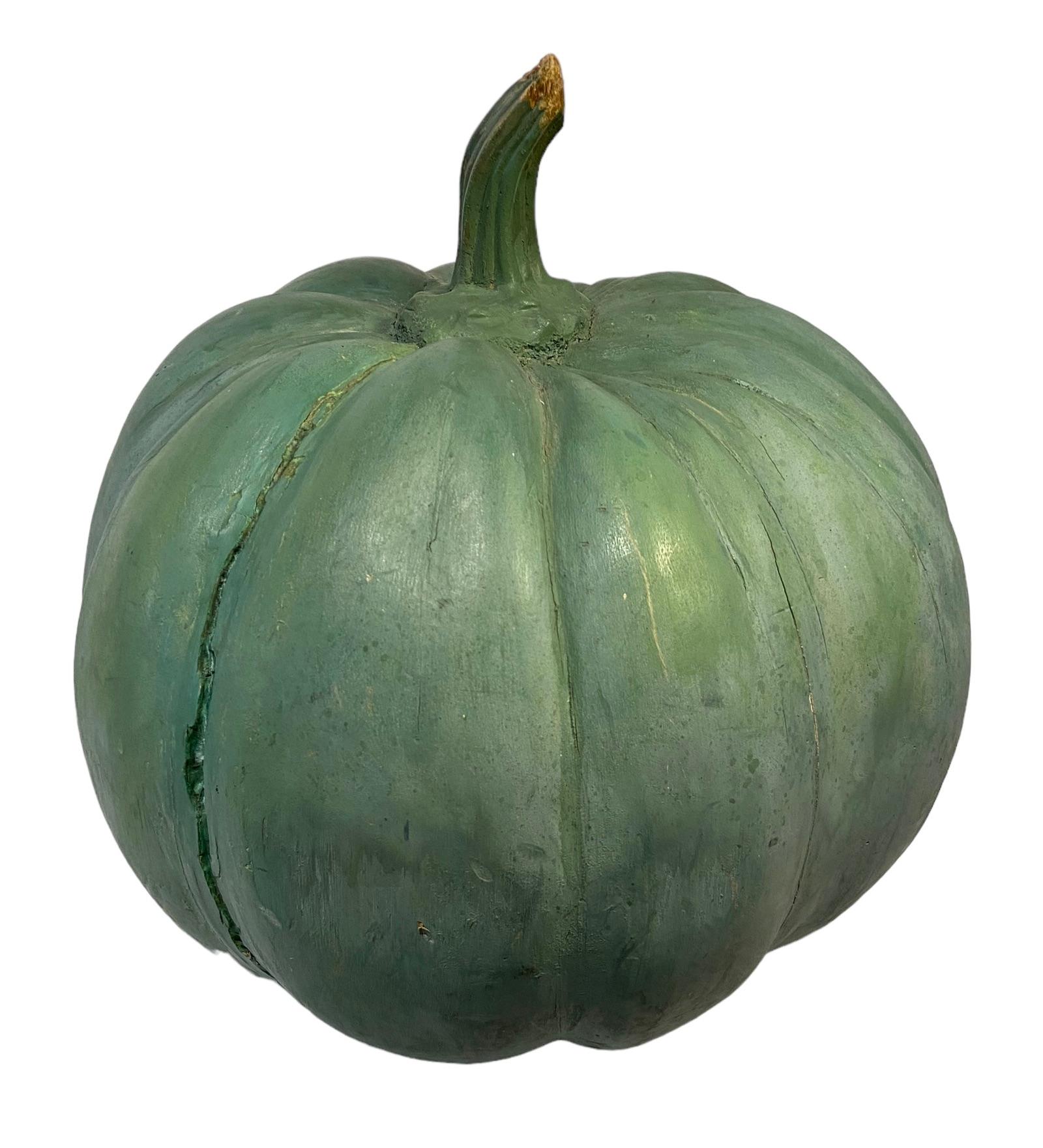Hand-Carved Large green patinated pumpkin in wood For Sale