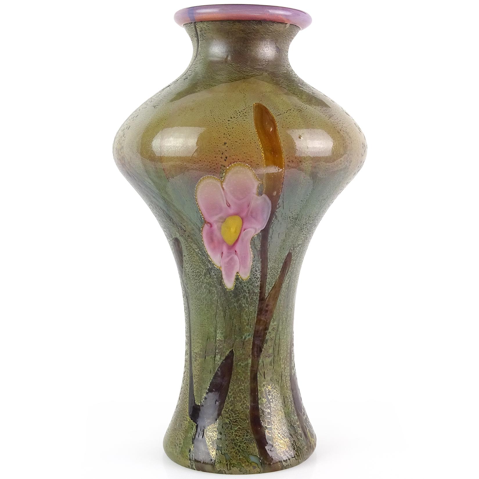 Große Vase aus italienischem Kunstglas mit grüner, rosa, opalisierender Chalcedonblume (Moderne der Mitte des Jahrhunderts) im Angebot