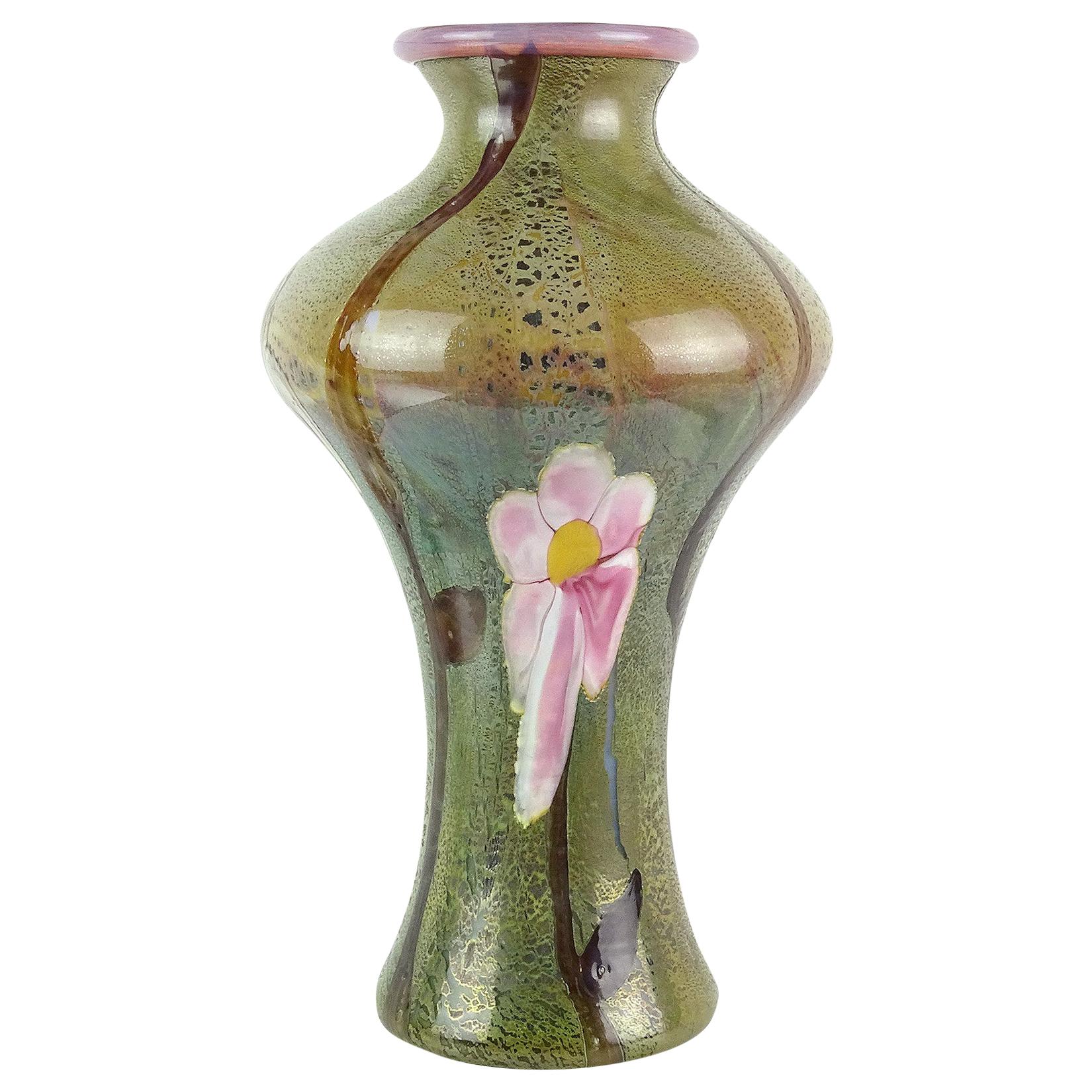 Grand vase de centre de table en verre d'art italien à fleurs en calcédoine opalescente verte et rose