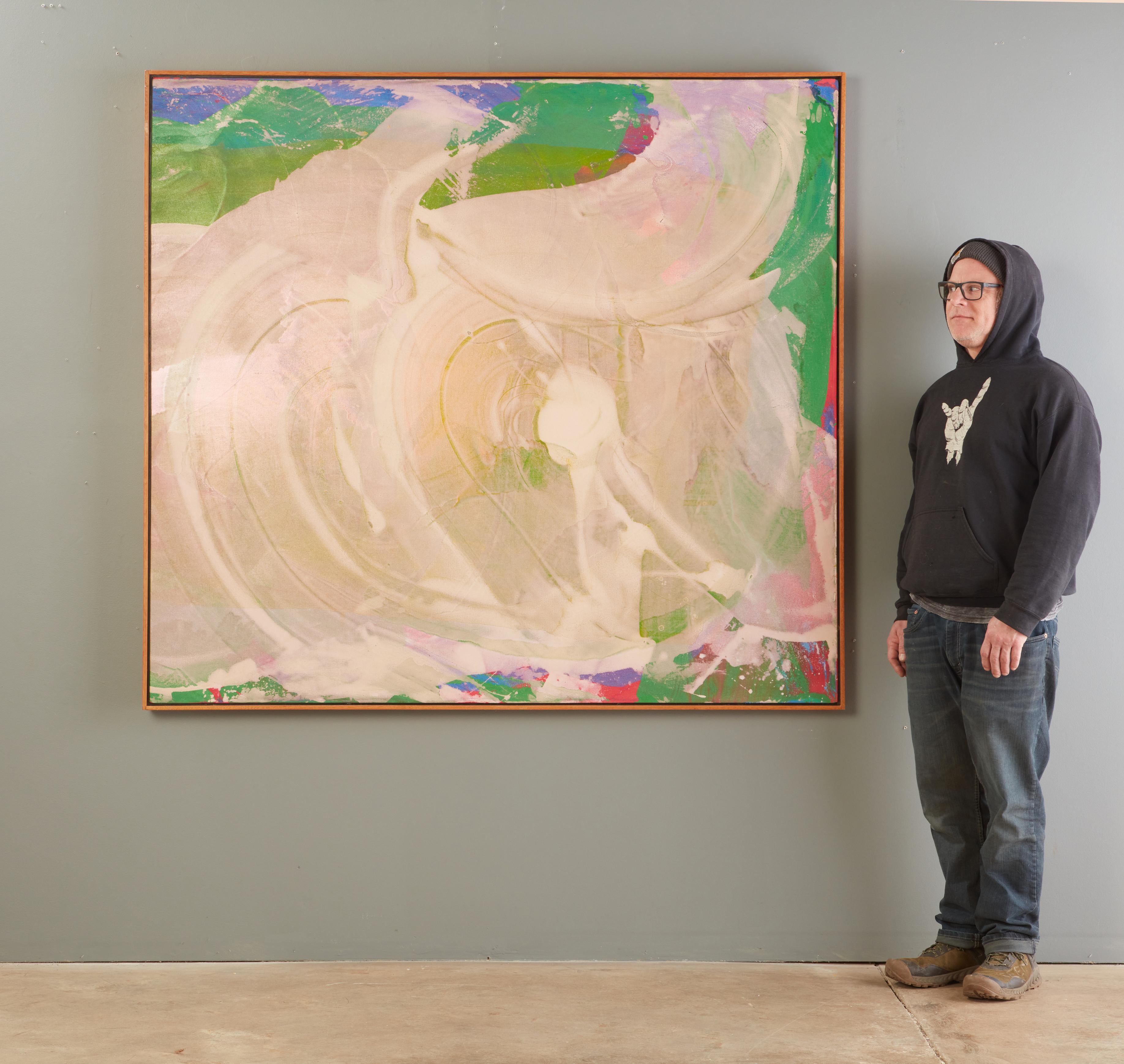 Grand vert vibrant, rose et blanc abstrait Acrylique et résine alkyde peinture sur toile par John Link intitulé 