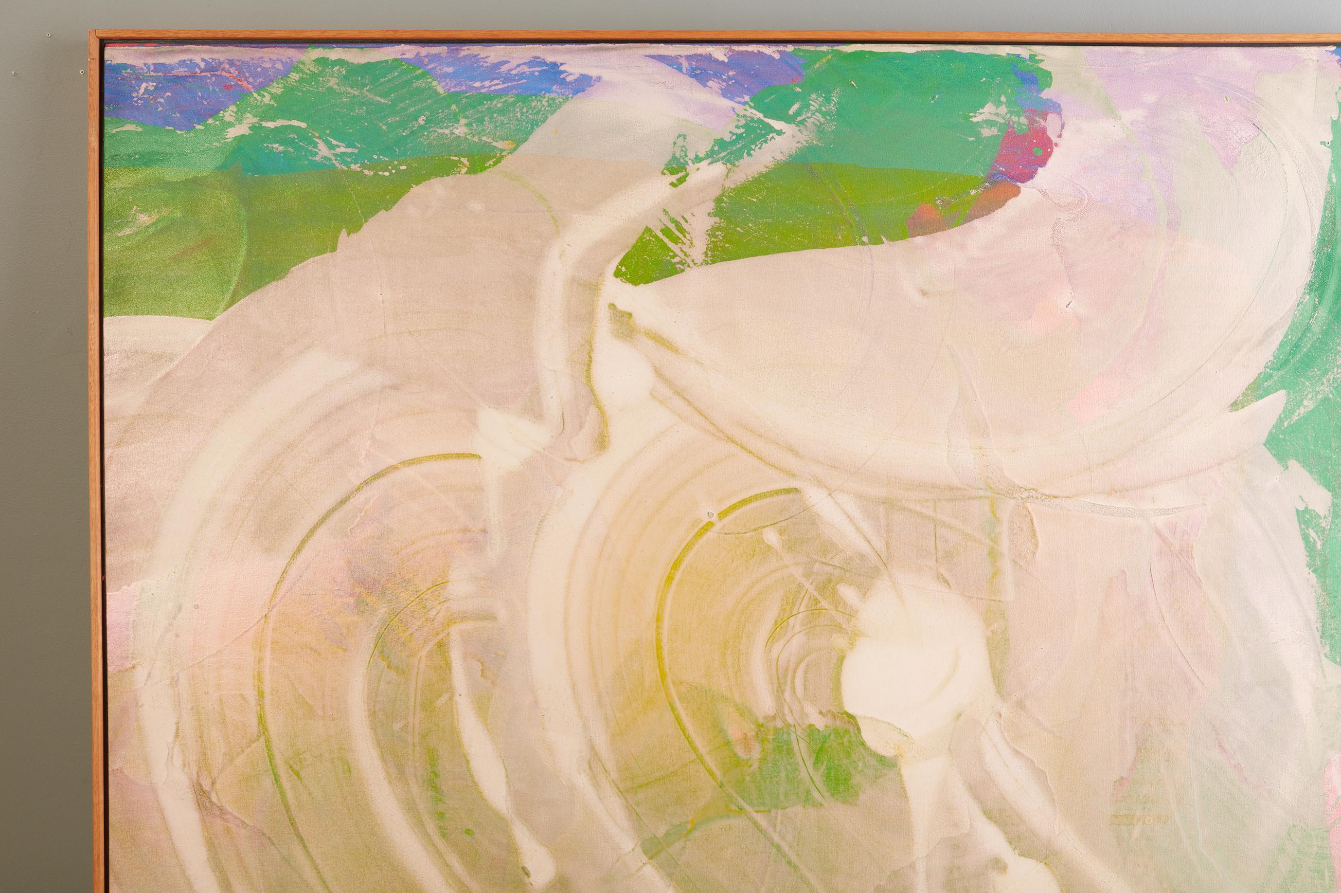 Nord-américain Grande peinture abstraite à l'acrylique verte, rose et blanche sur toile de John Link en vente