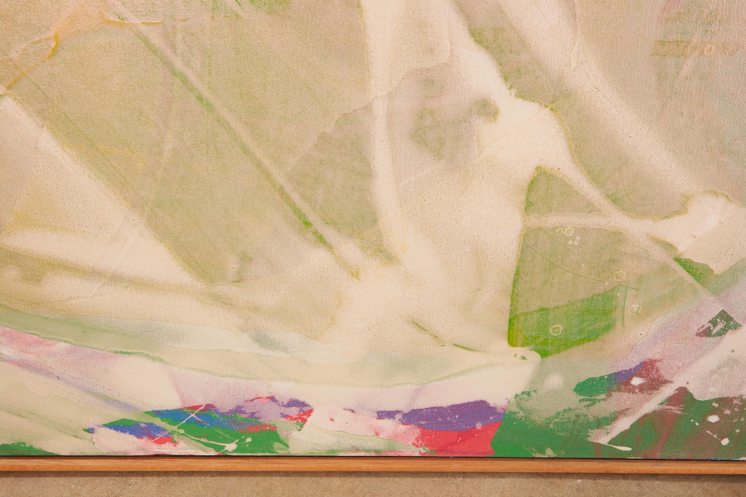 Grande peinture abstraite à l'acrylique verte, rose et blanche sur toile de John Link Bon état - En vente à Greensboro, NC