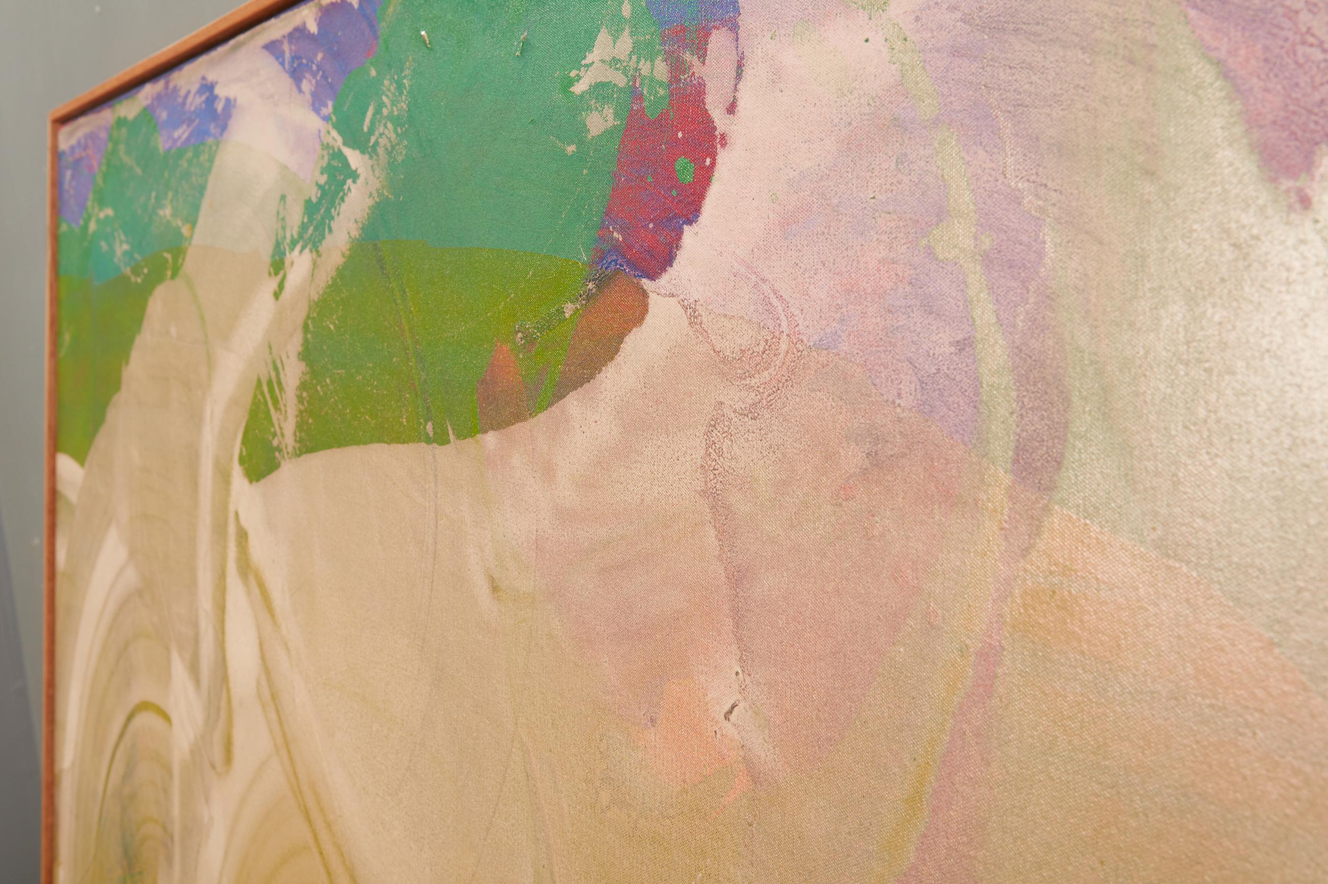 XXIe siècle et contemporain Grande peinture abstraite à l'acrylique verte, rose et blanche sur toile de John Link en vente