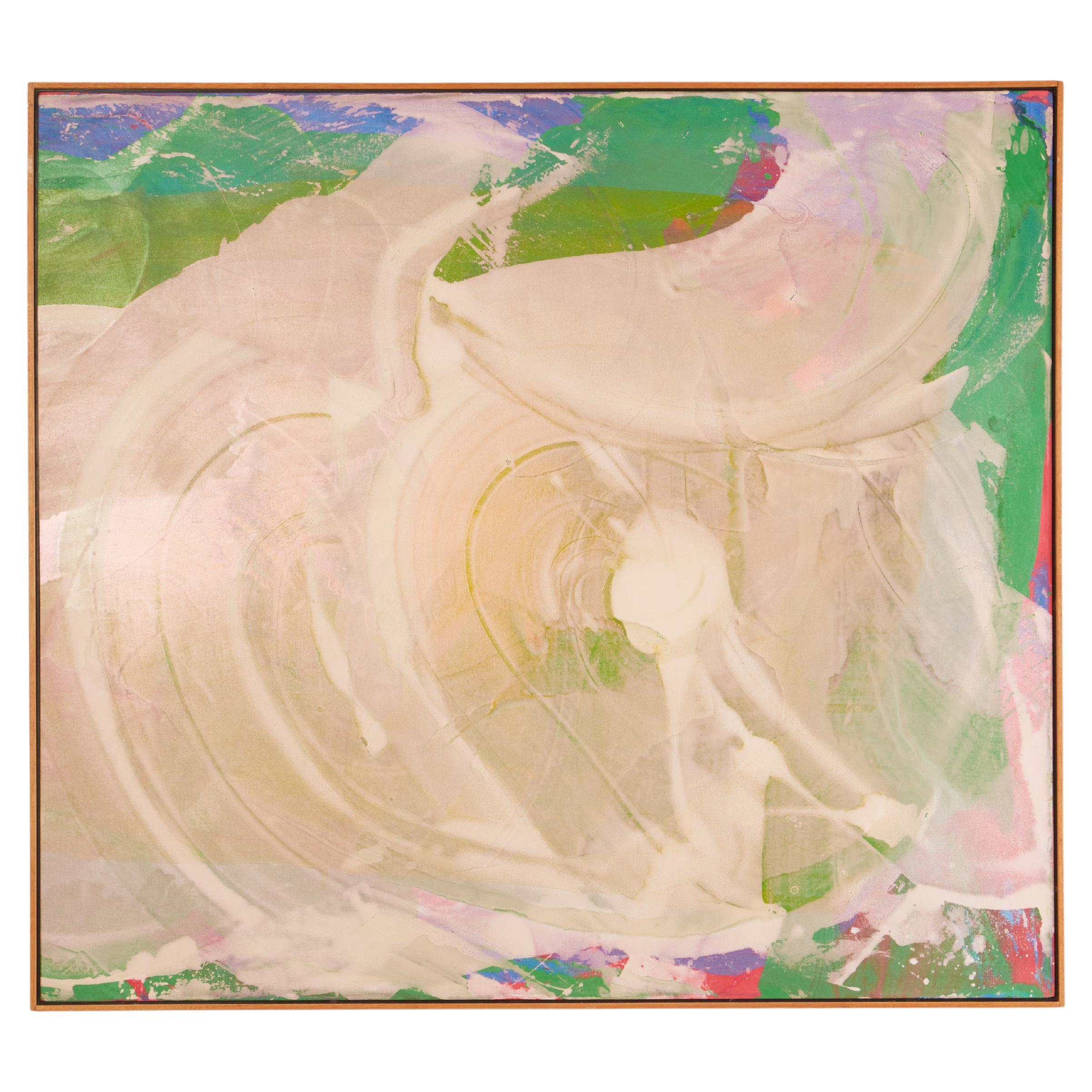 Grande peinture abstraite à l'acrylique verte, rose et blanche sur toile de John Link