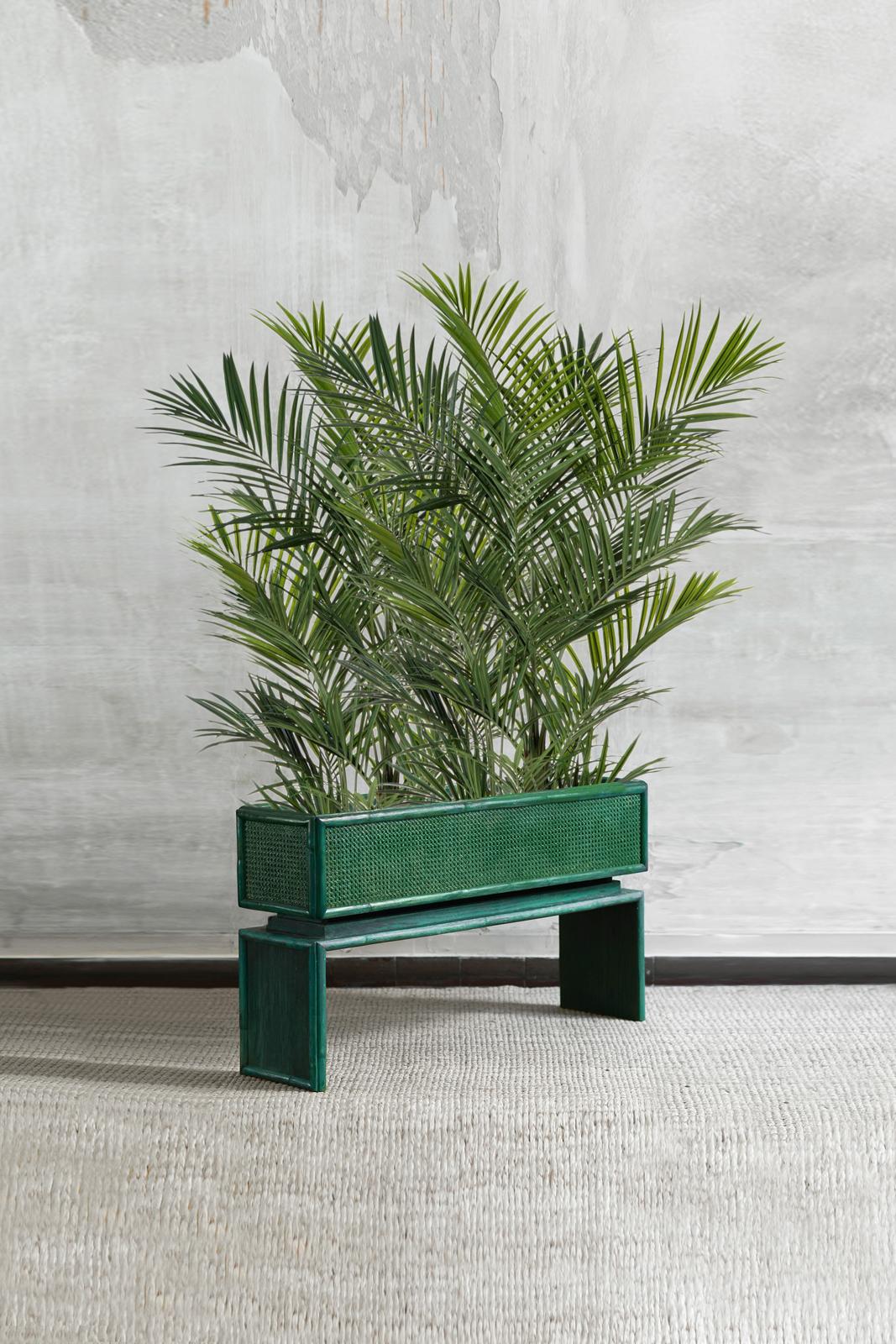 Large green planter with bamboo legs and Vienna straw, 1980s
Product Details
Interior made of aluminum.
Dimensions: 122 W x 69 H x 33 D cm
