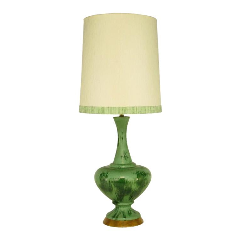 Large Green Pottery Urn Form Table Lamp With Custom Shade For Sale