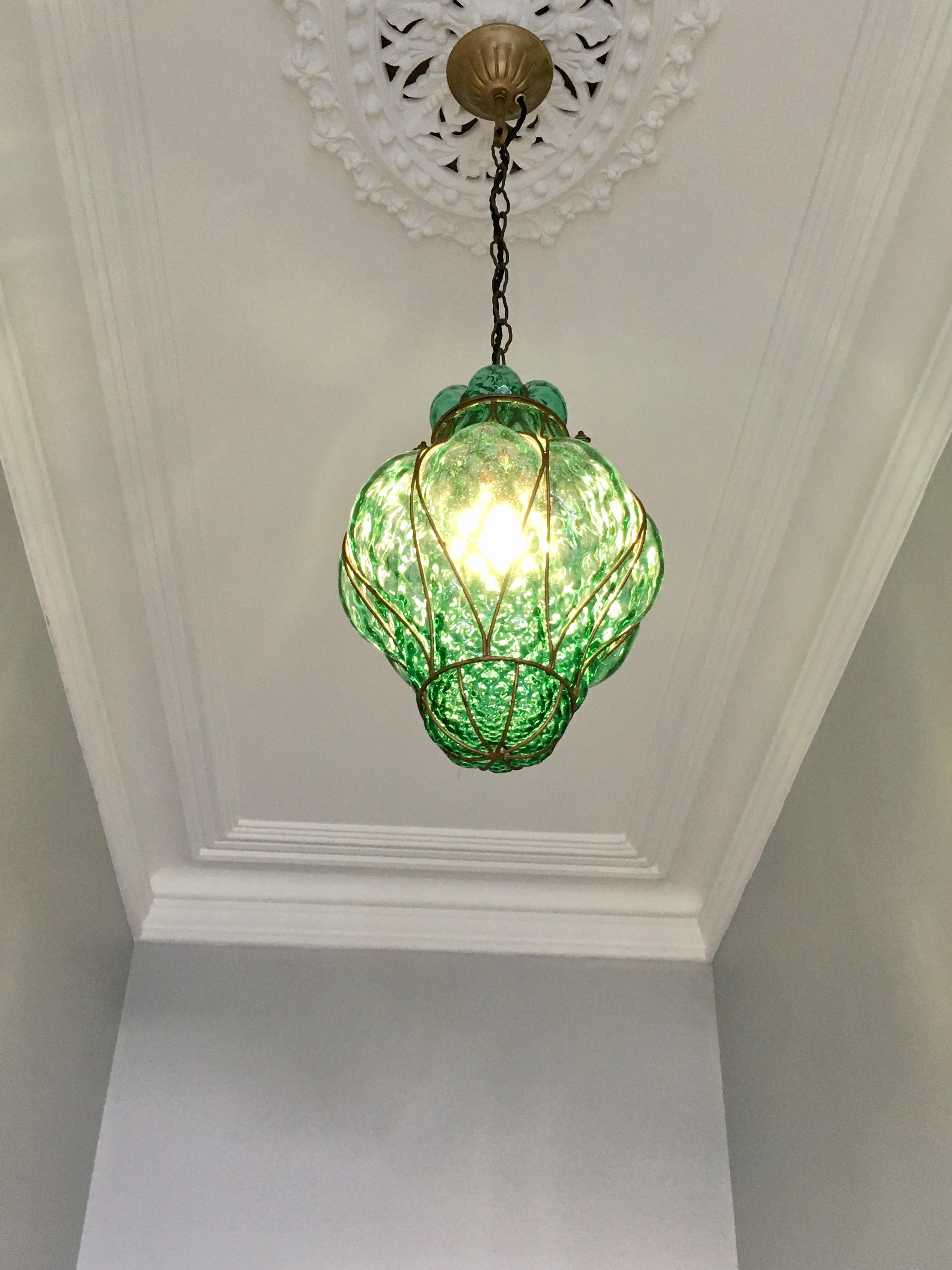 Blown Glass Large Green Seguso Murano Caged Glass Pendant Light, Italy, 1940s