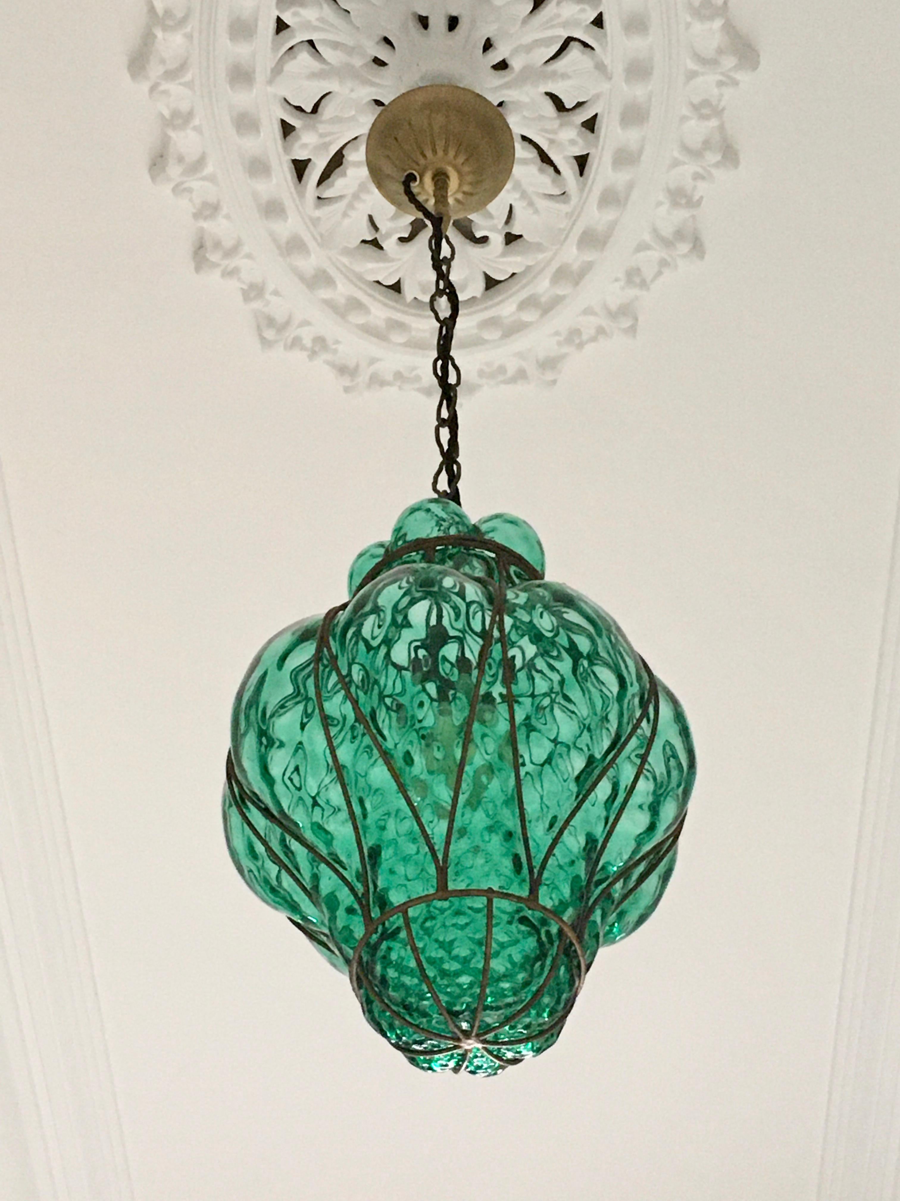 Large Green Seguso Murano Caged Glass Pendant Light, Italy, 1940s 1