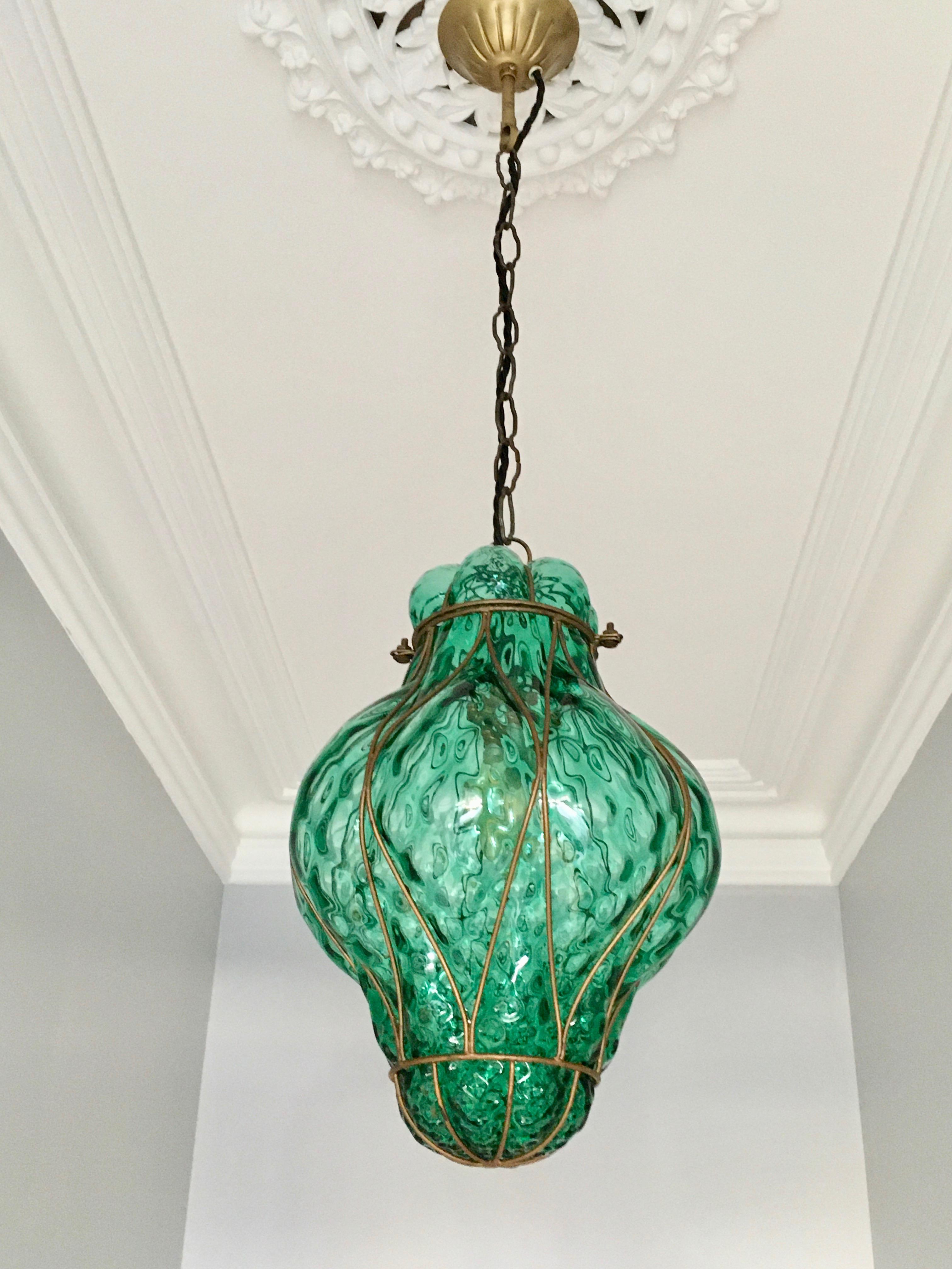 Large Green Seguso Murano Caged Glass Pendant Light, Italy, 1940s 2