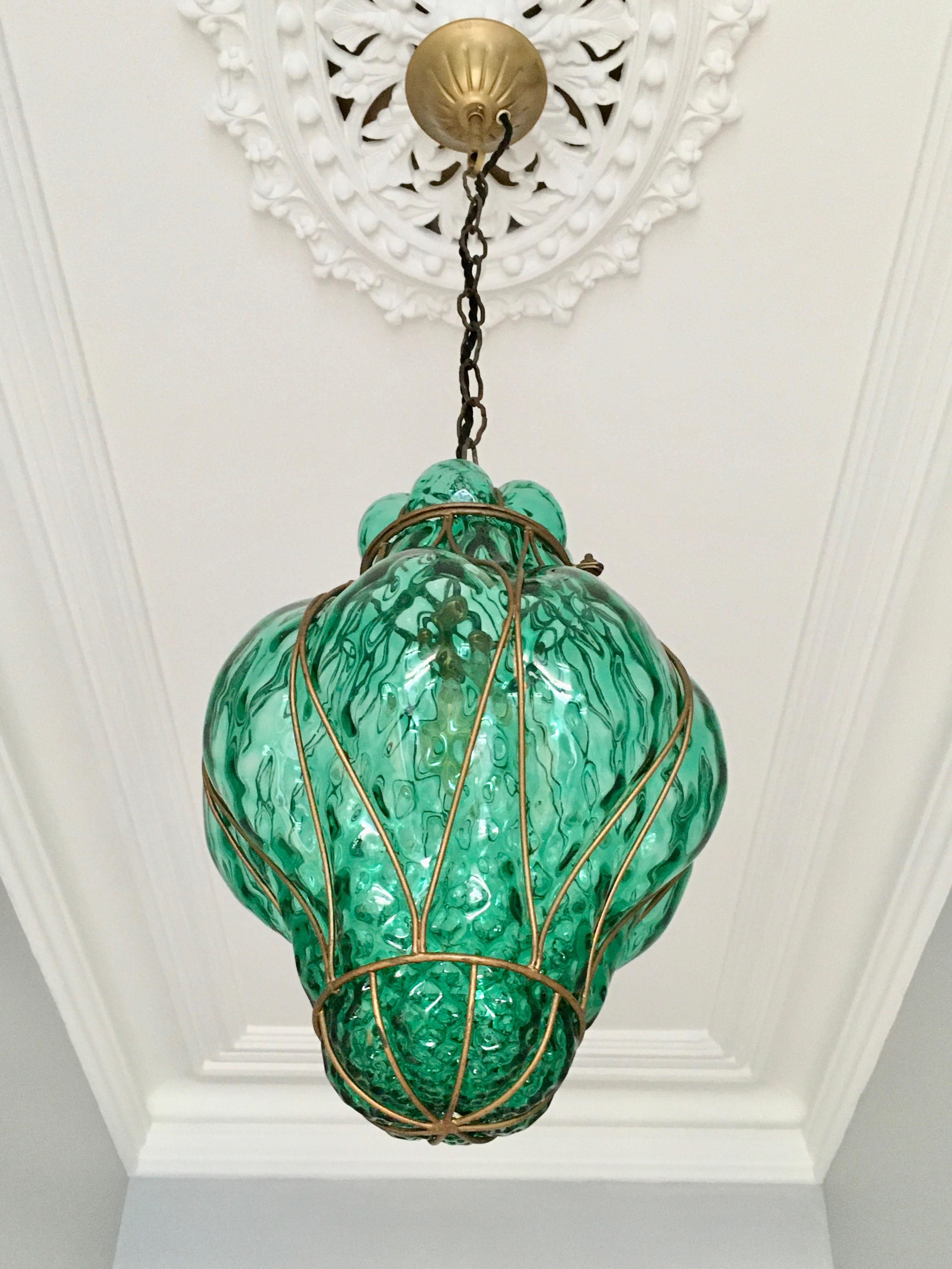 Large Green Seguso Murano Caged Glass Pendant Light, Italy, 1940s 3
