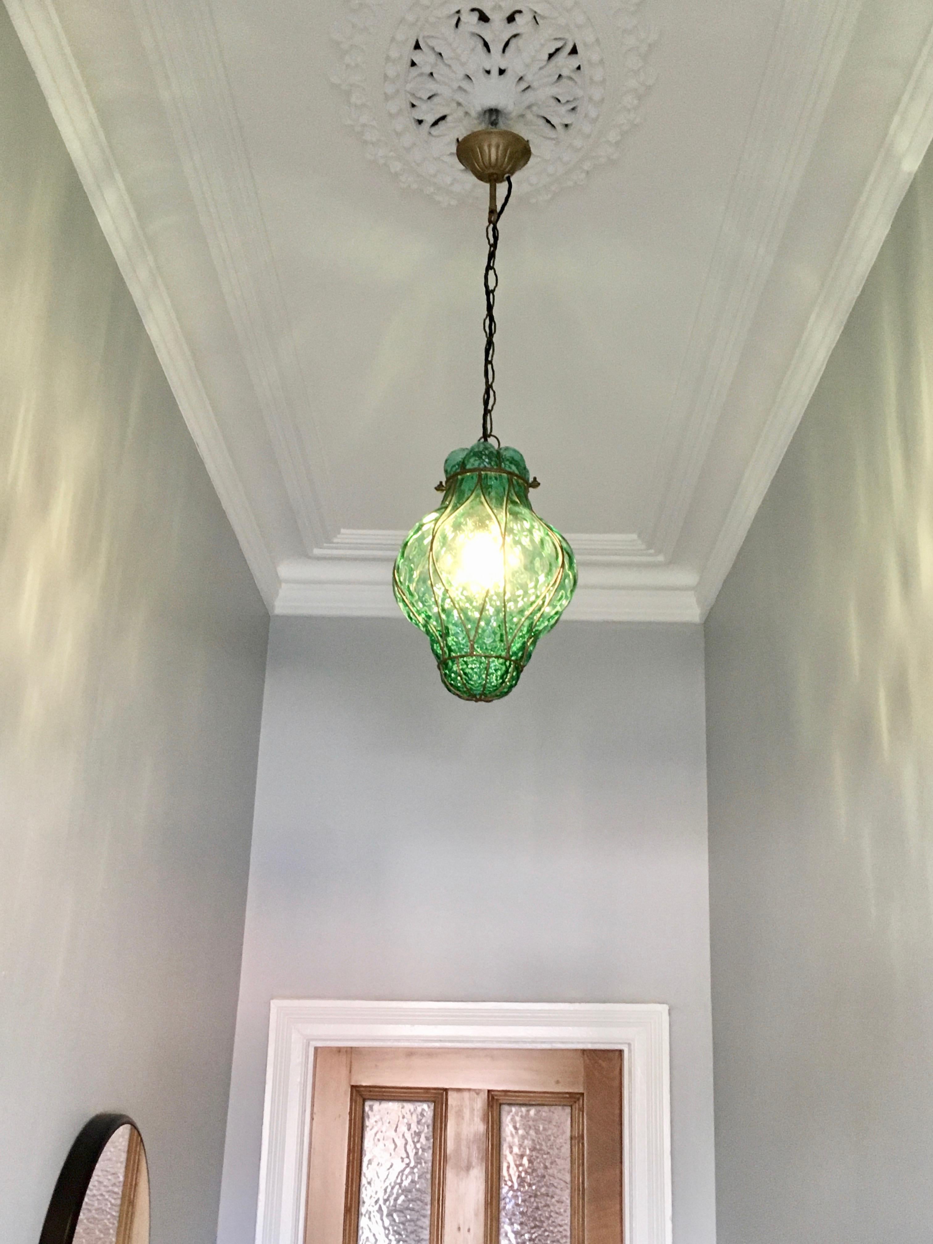 Large Green Seguso Murano Caged Glass Pendant Light, Italy, 1940s 4