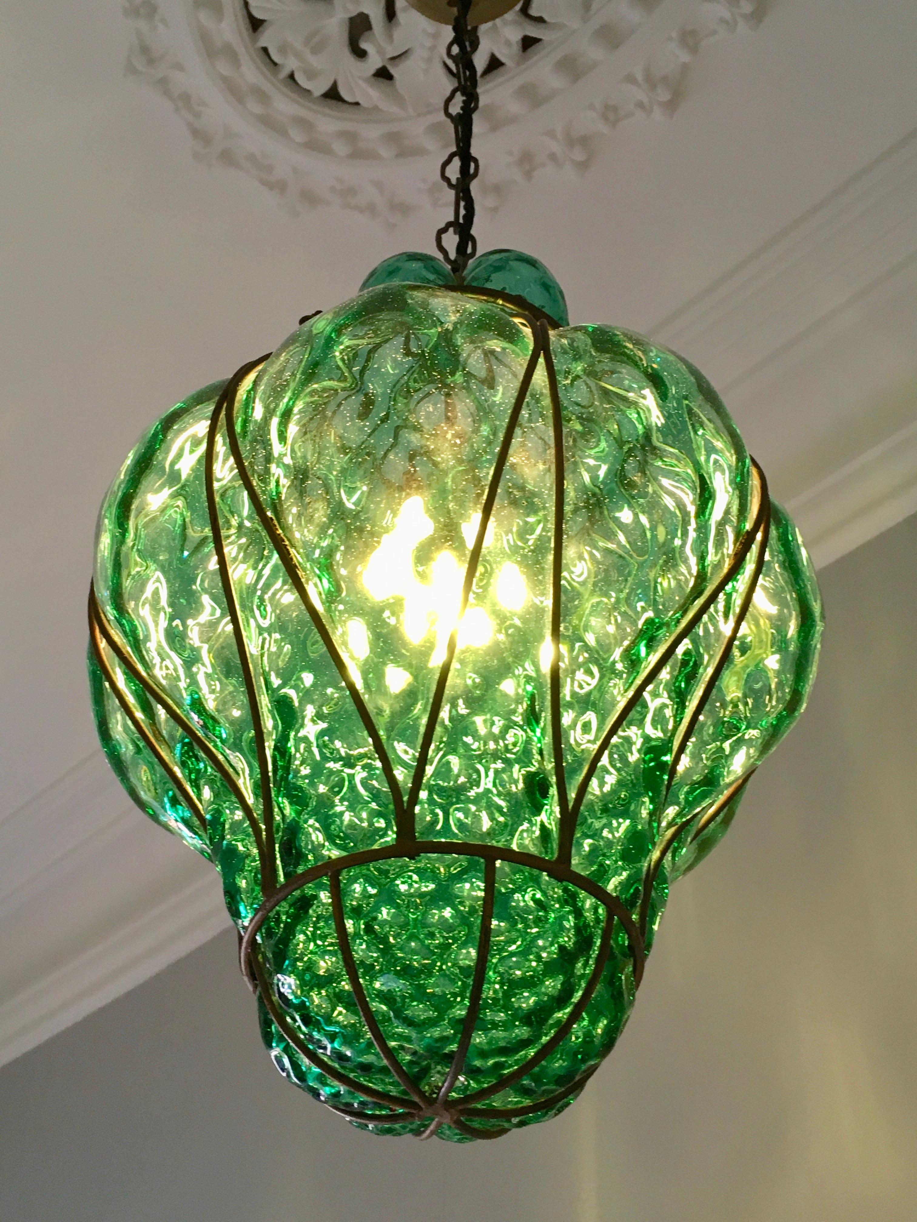 Large Green Seguso Murano Caged Glass Pendant Light, Italy, 1940s 5