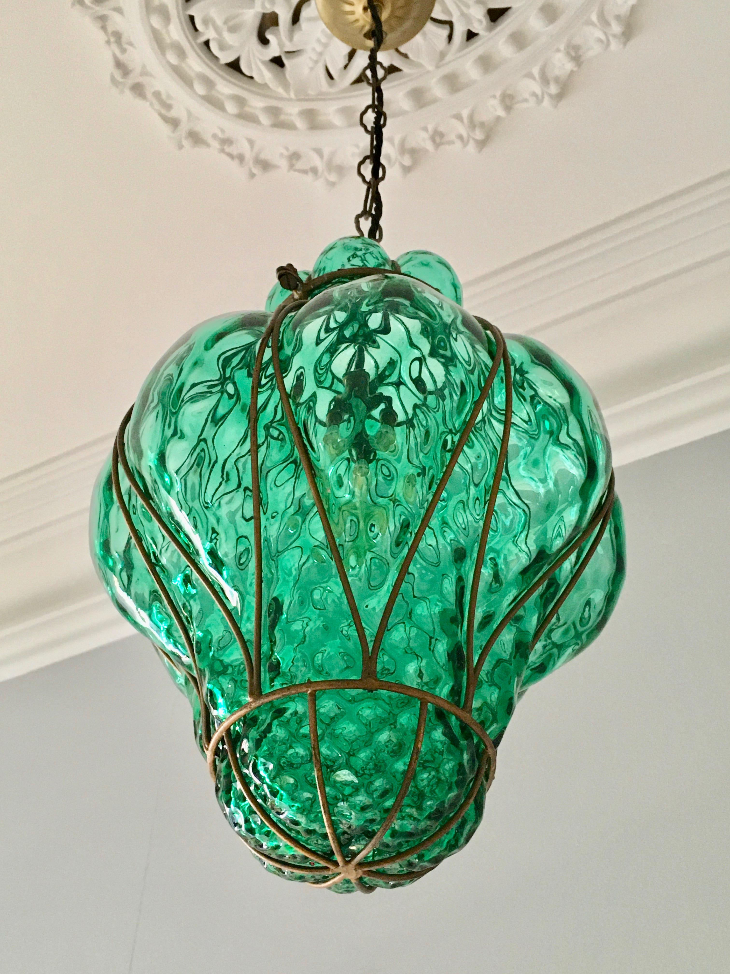 Large Green Seguso Murano Caged Glass Pendant Light, Italy, 1940s 6
