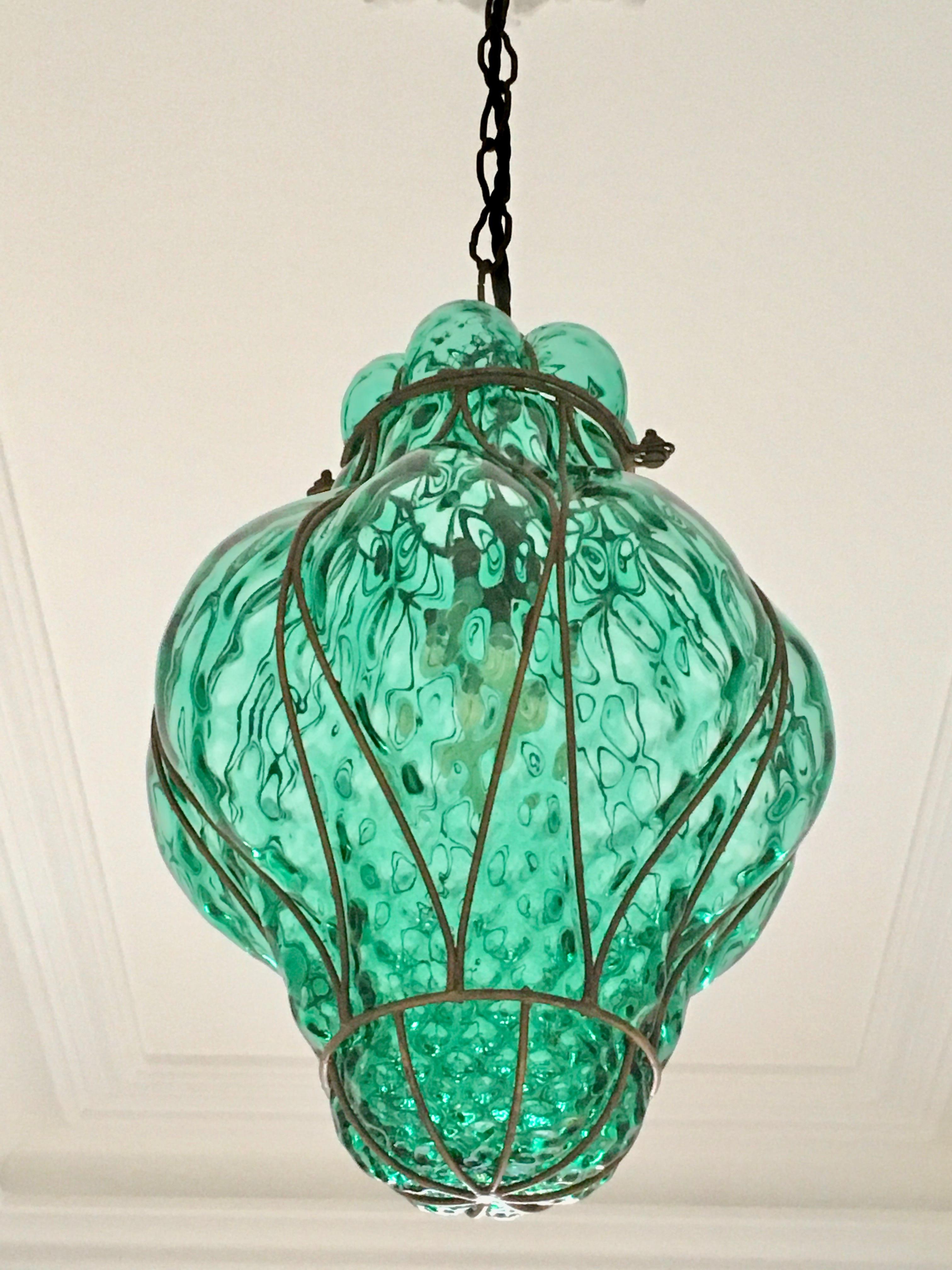 Large Green Seguso Murano Caged Glass Pendant Light, Italy, 1940s 7