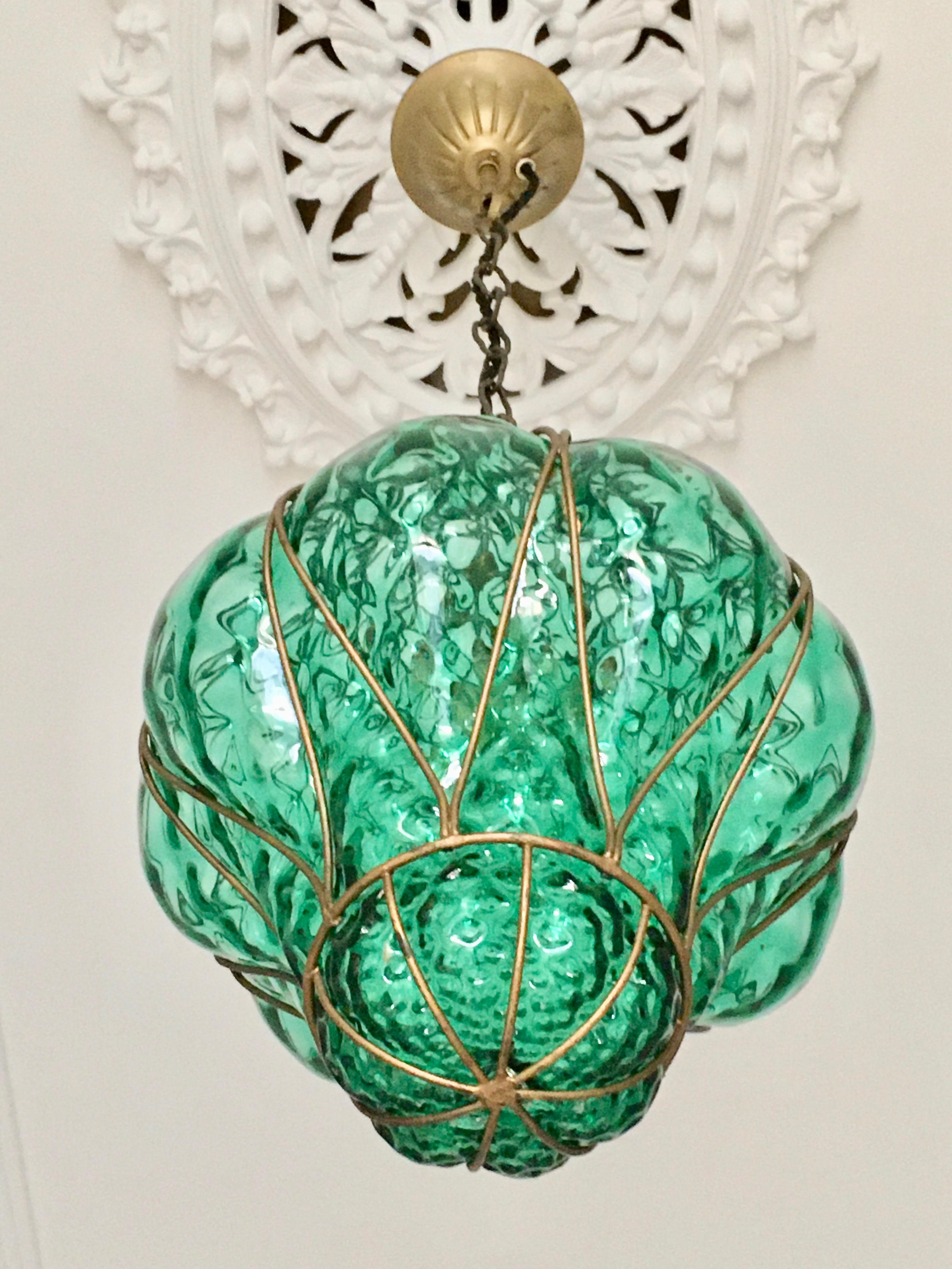 Large Green Seguso Murano Caged Glass Pendant Light, Italy, 1940s 8