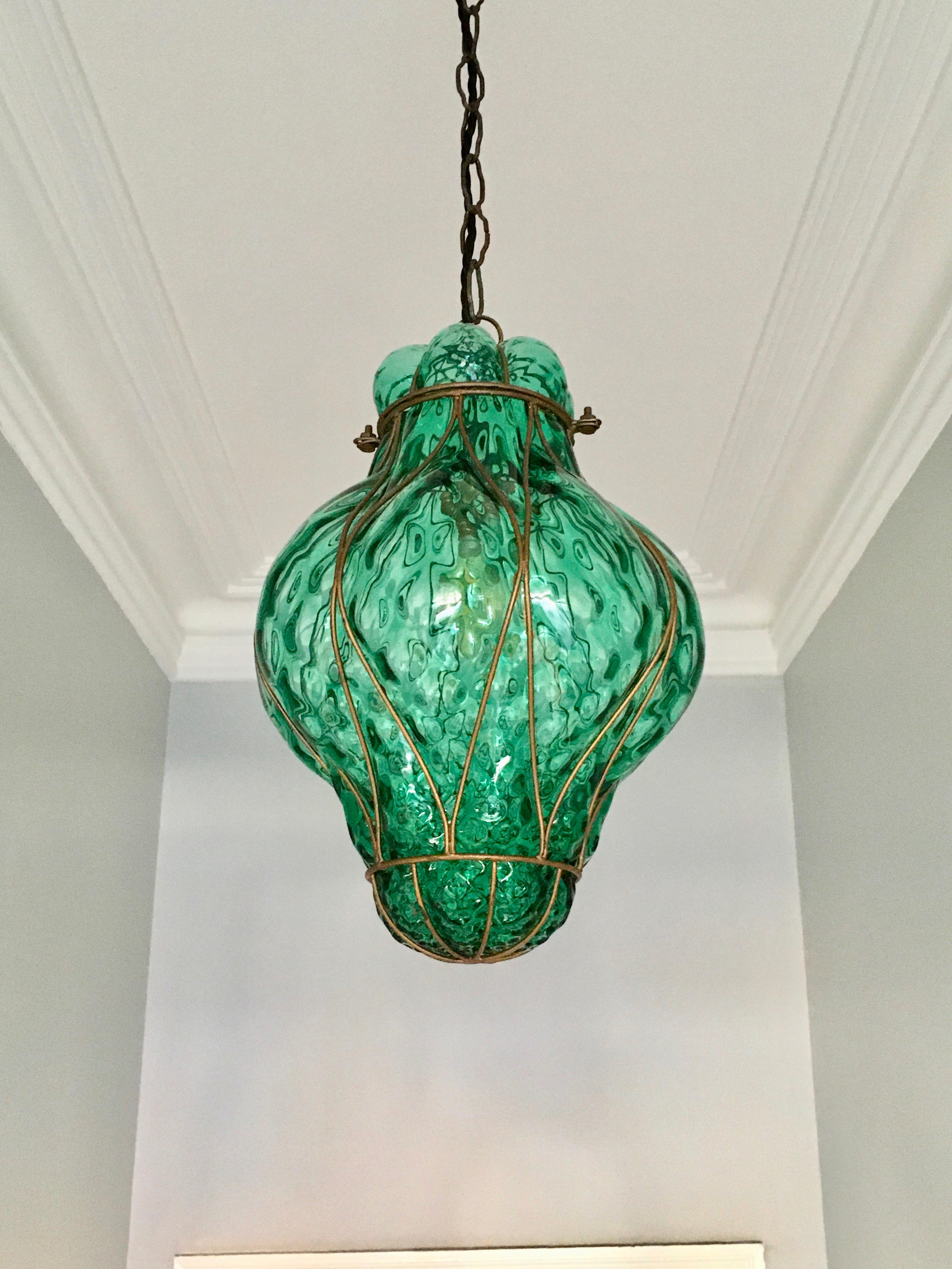 A lovely light for hallways and entrances, this hand-blown glass lantern is attributed to Seguso. The glass is a beautiful sea green, the colour of the Venetian Laguna. As always, these lovely lanterns create their own magic and show amazing