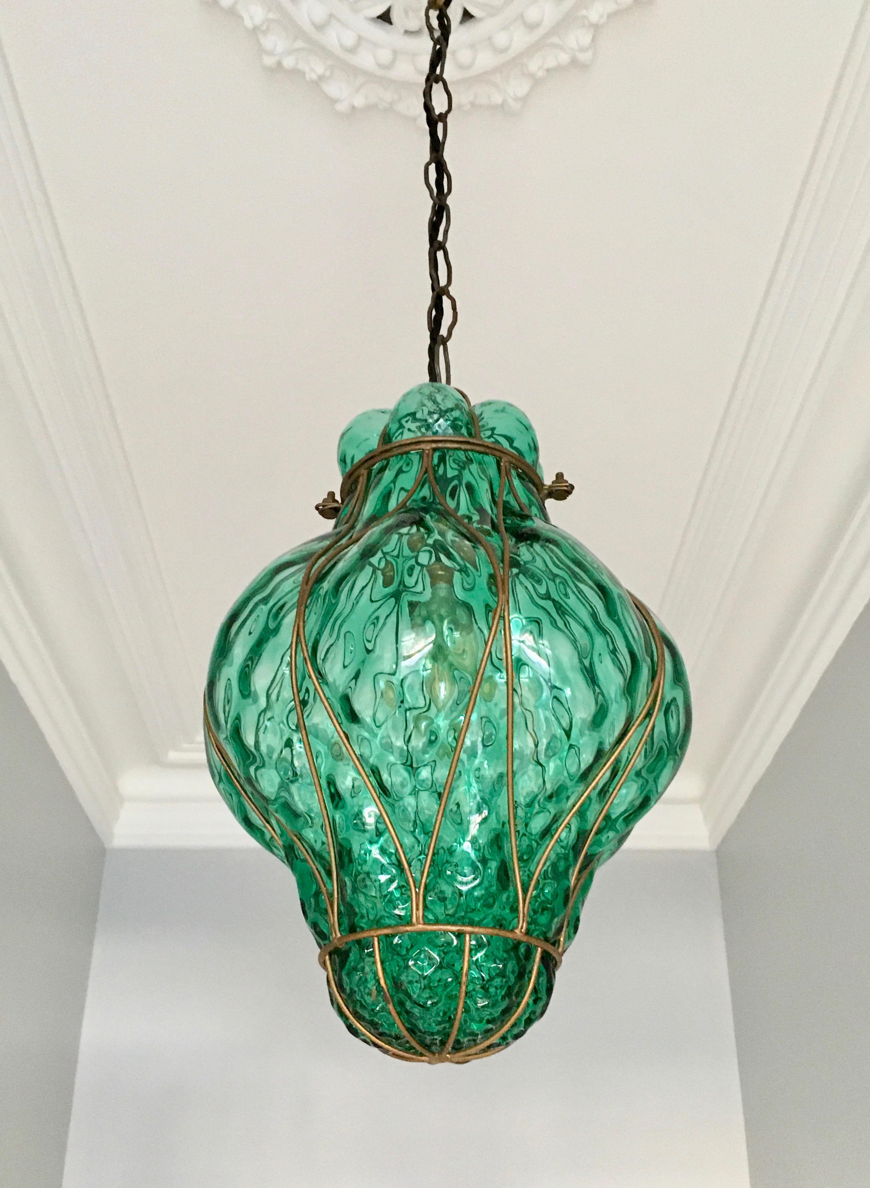 Italian Large Green Seguso Murano Caged Glass Pendant Light, Italy, 1940s