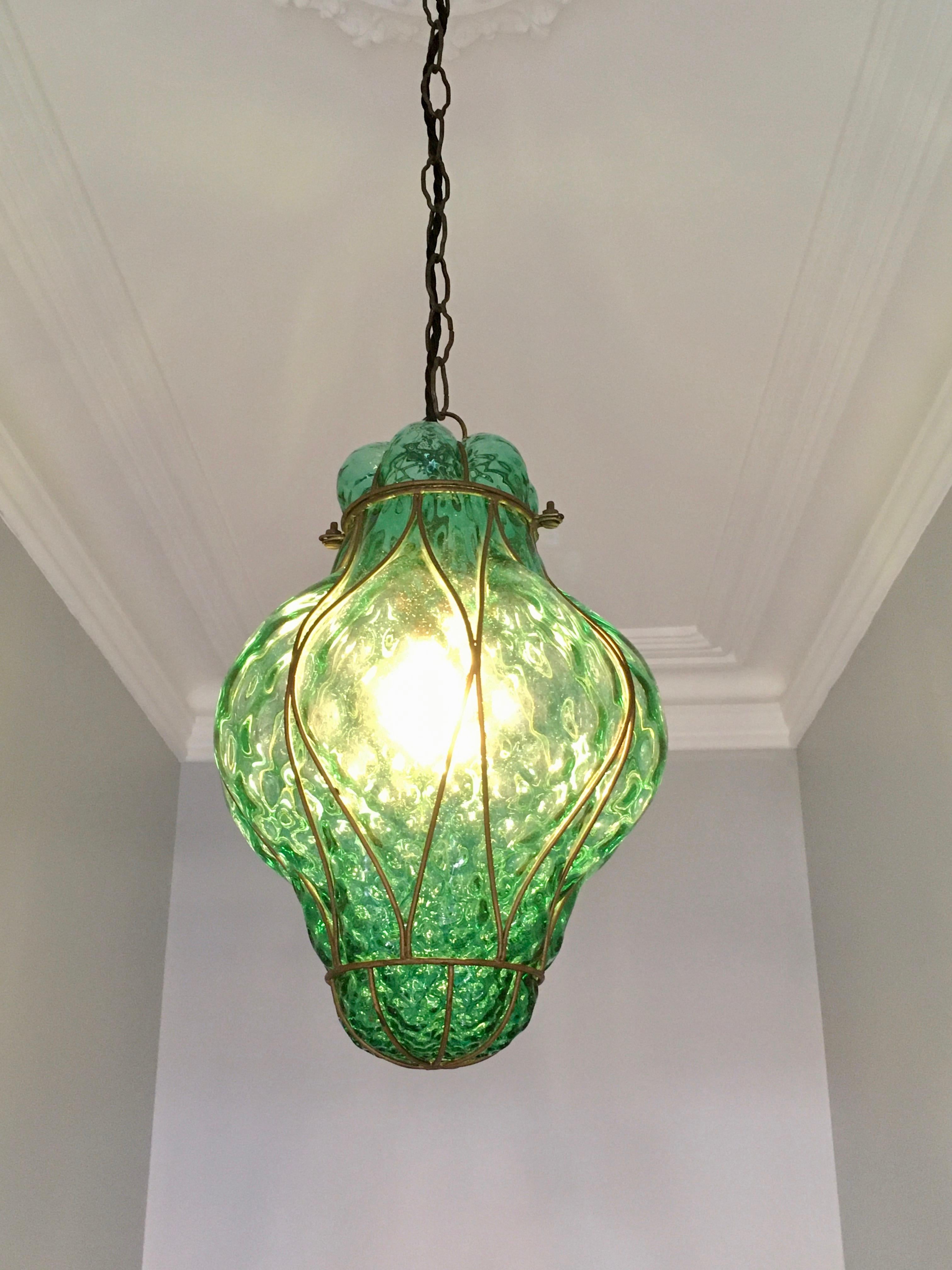 Large Green Seguso Murano Caged Glass Pendant Light, Italy, 1940s In Good Condition In Melbourne, AU