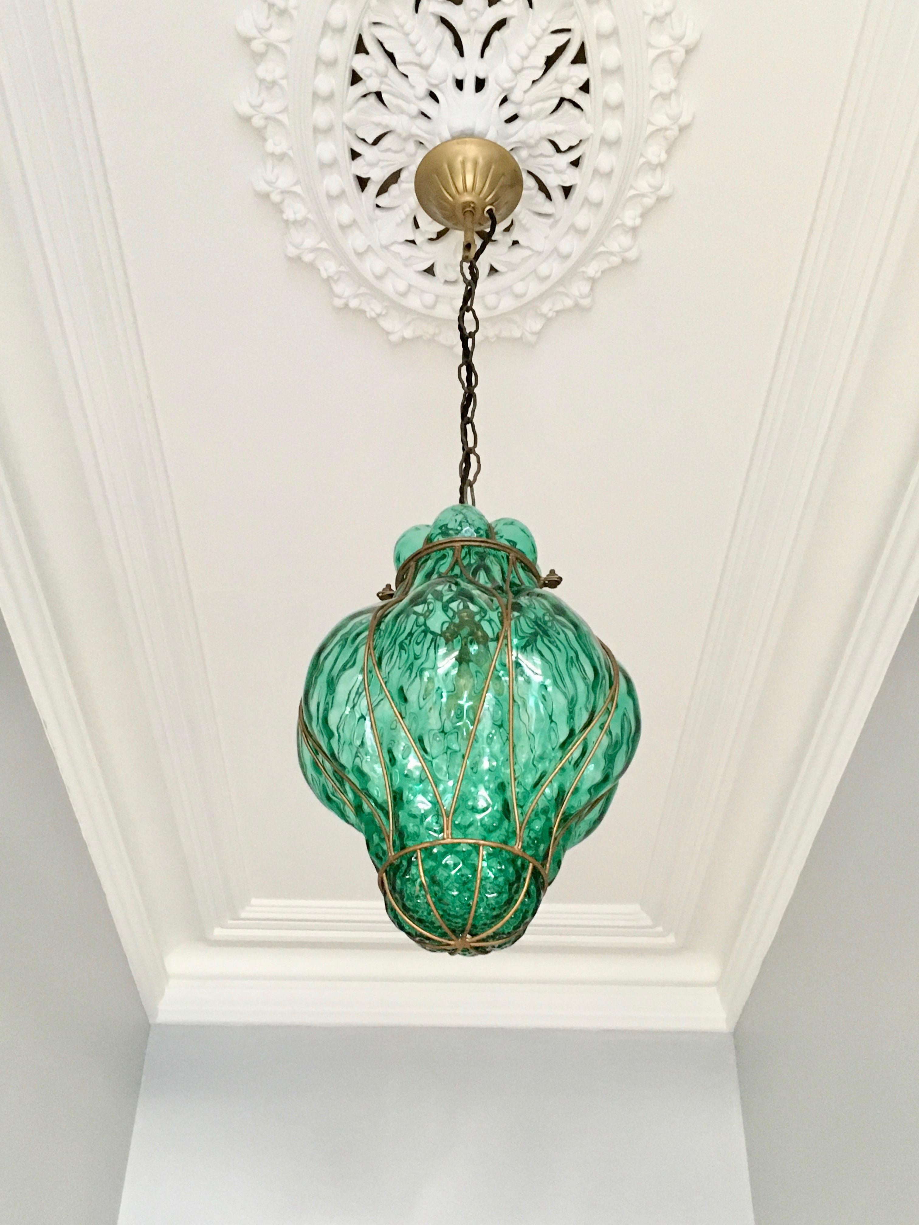 Mid-20th Century Large Green Seguso Murano Caged Glass Pendant Light, Italy, 1940s