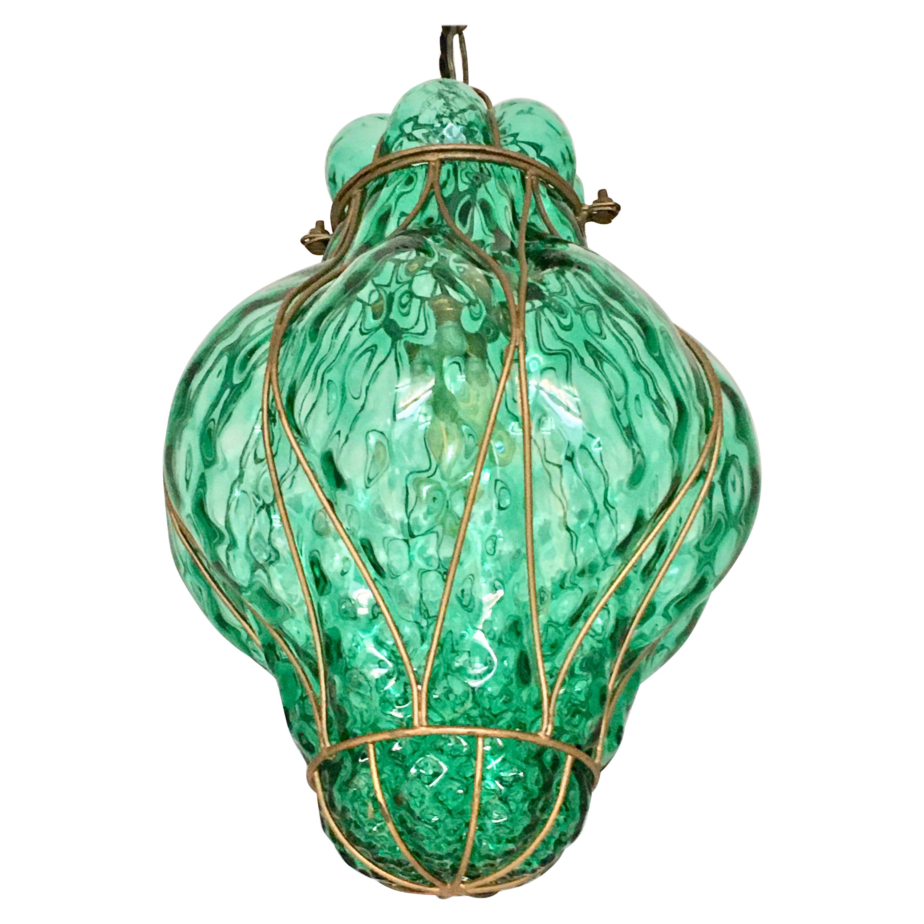 Large Green Seguso Murano Caged Glass Pendant Light, Italy, 1940s