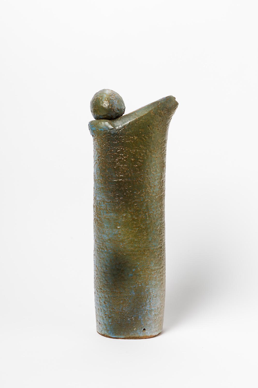 Mid-Century Modern Large Green Stoneware Ceramic Sculpture by Maxime Defer circa 1970 For Sale