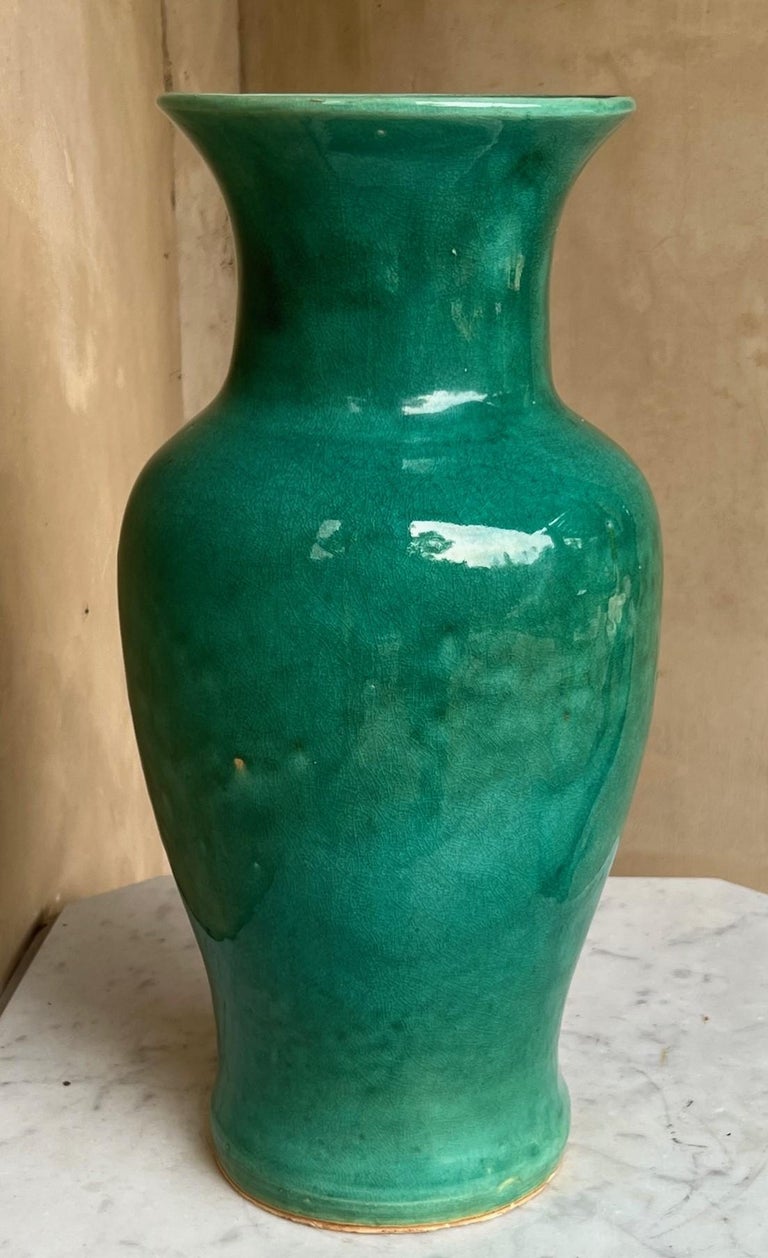 Large Green Terracotta Crackle Glass Glaze Vase For Sale at 1stDibs
