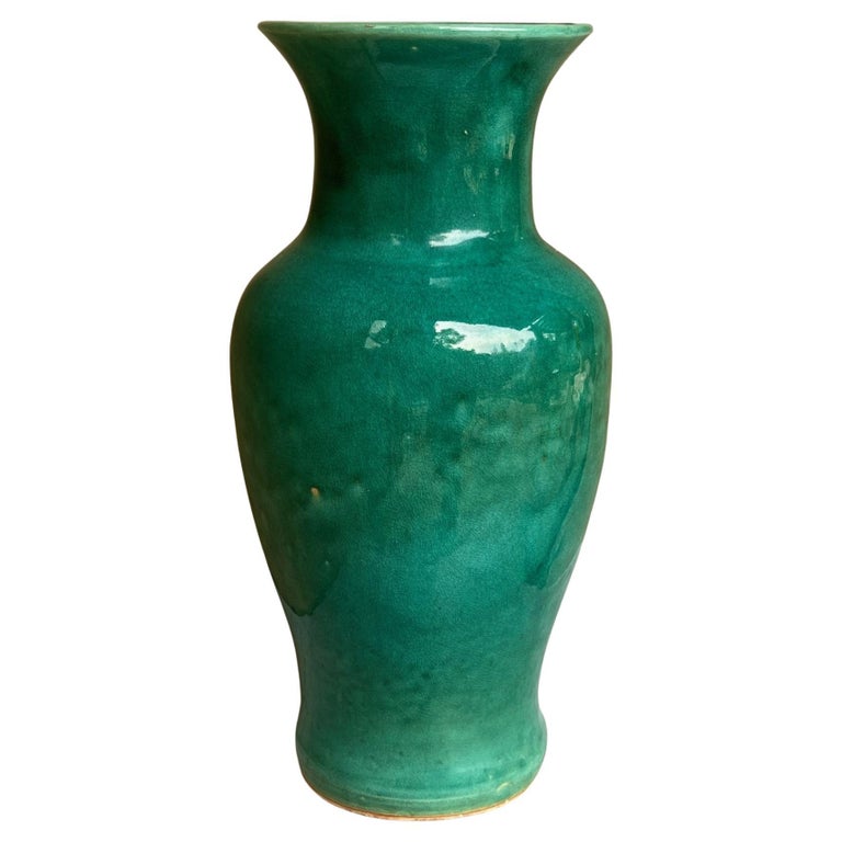 Large Green Terracotta Crackle Glass Glaze Vase For Sale at 1stDibs