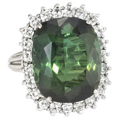 Large Green Tourmaline Diamond Cocktail Ring Vintage 14 Karat White Gold