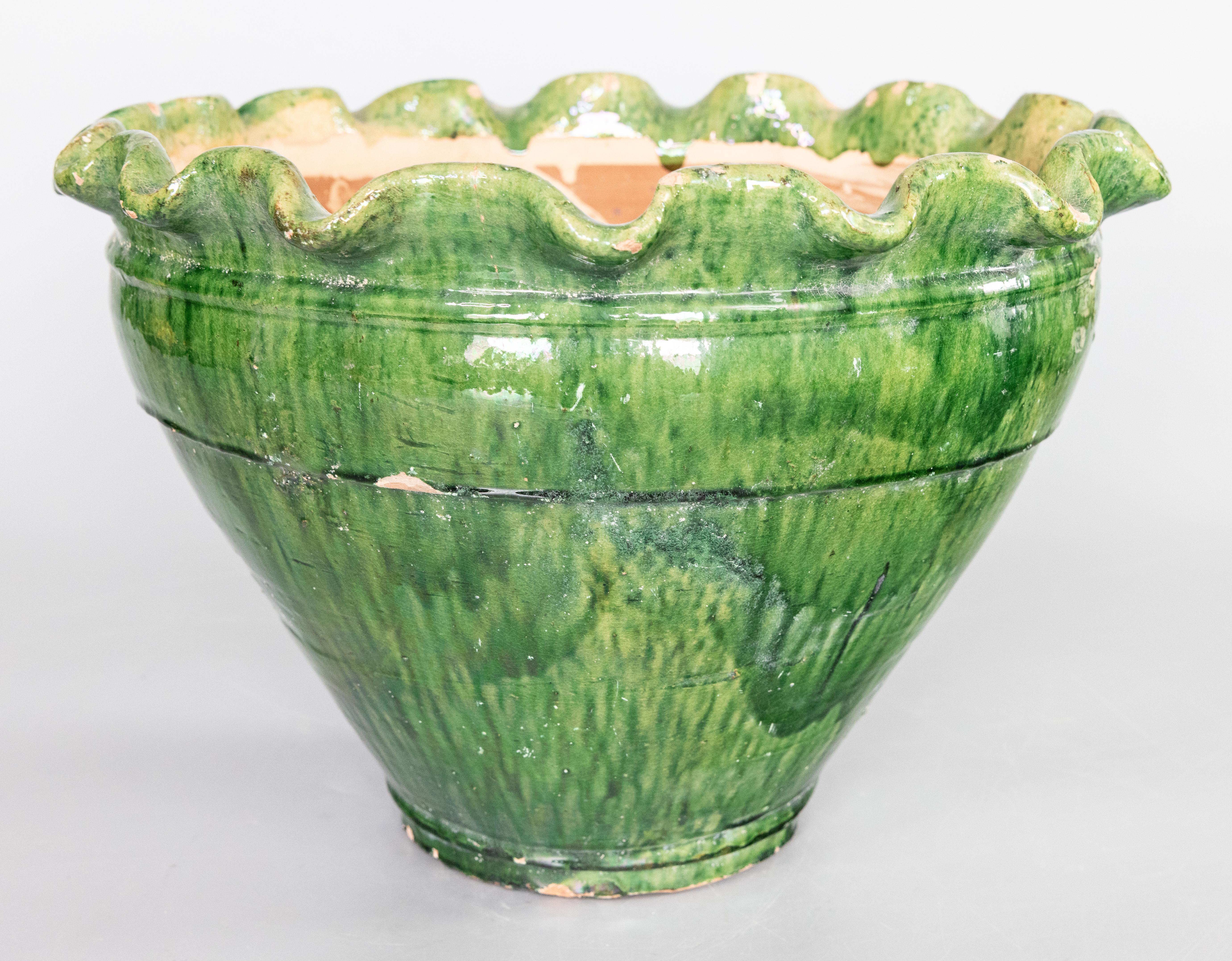 Mid-Century Modern Large Green Vintage French Terracotta Bowl For Sale