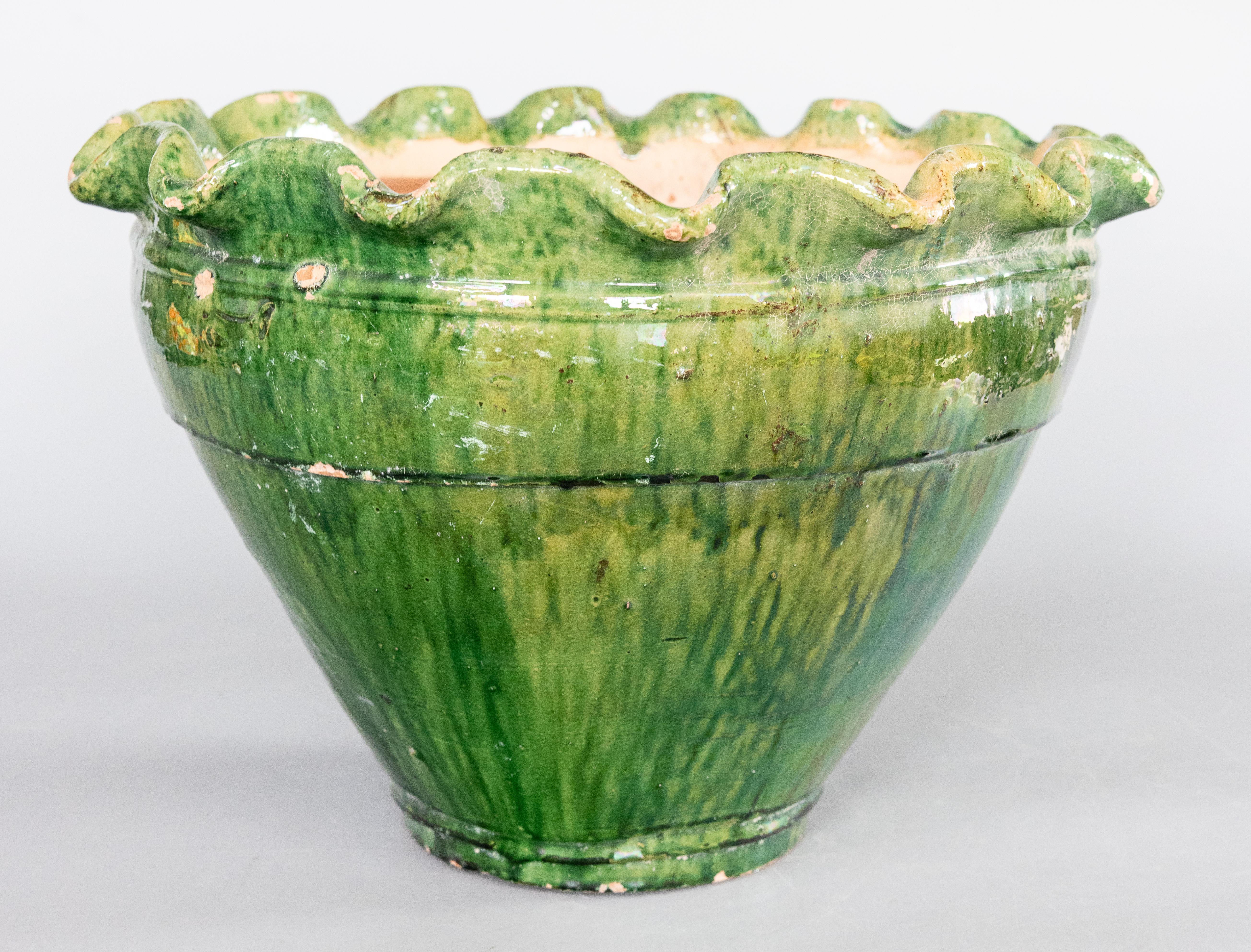 Large Green Vintage French Terracotta Bowl In Good Condition For Sale In Pearland, TX