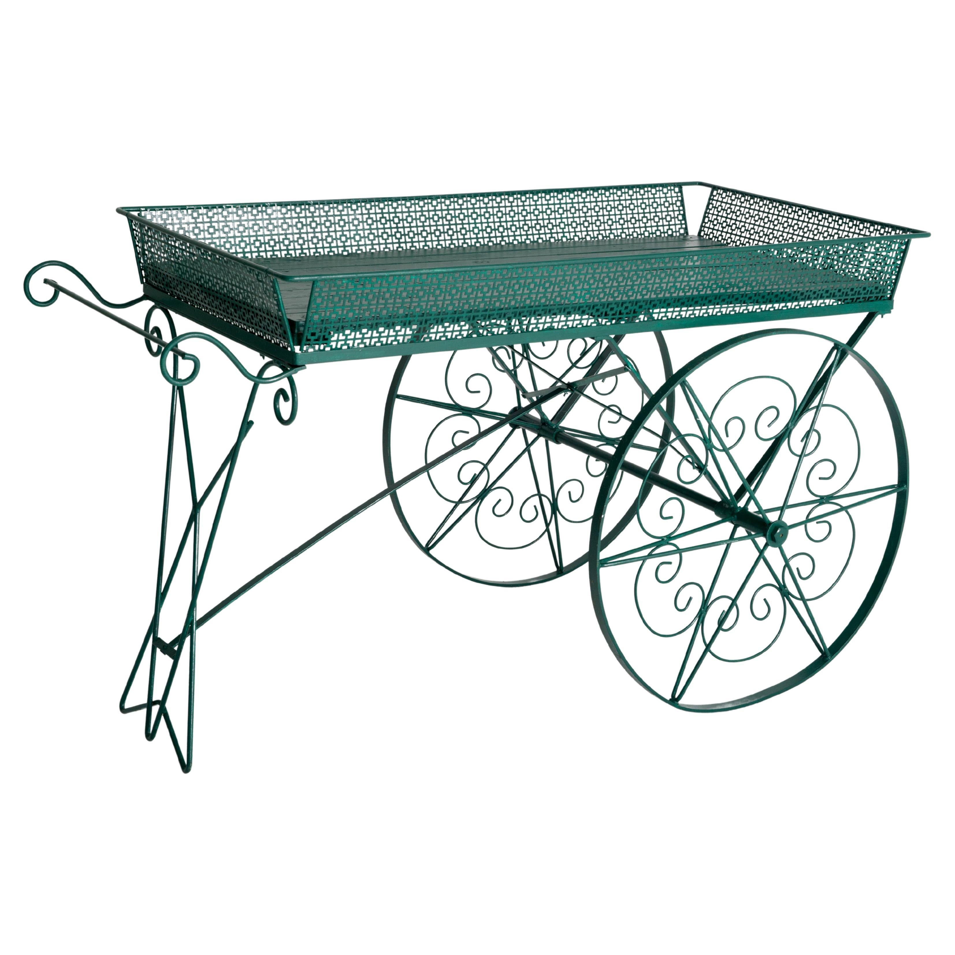 Large Green Wood and Metal Garden Flower Cart For Sale