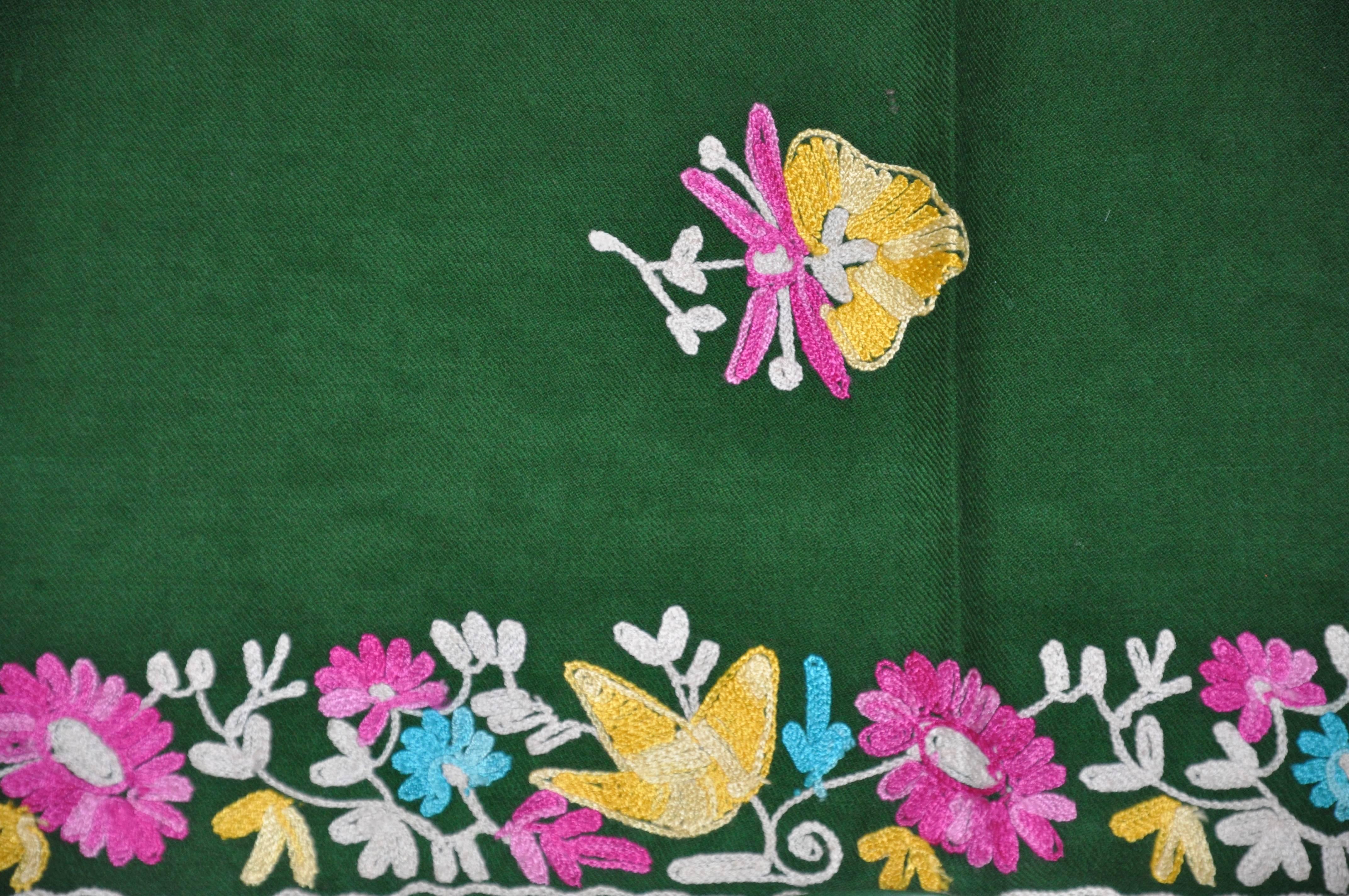Large Green Wool Challis Hand-Embroidered Multicolor Floral Scarf In Good Condition In New York, NY