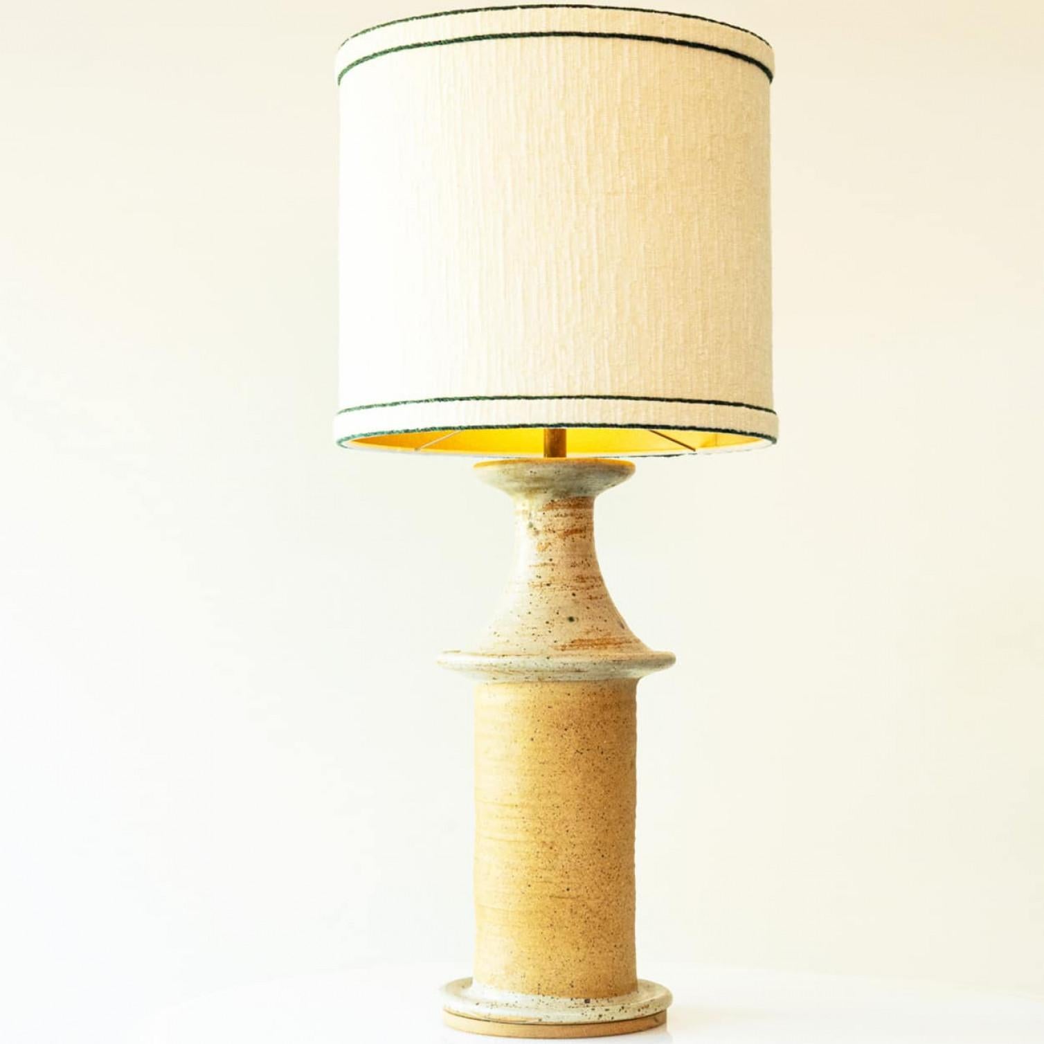 Late 20th Century Large Greige Light Camel Ceramic Table Lamp, Silk Lampshade by R. Houben For Sale