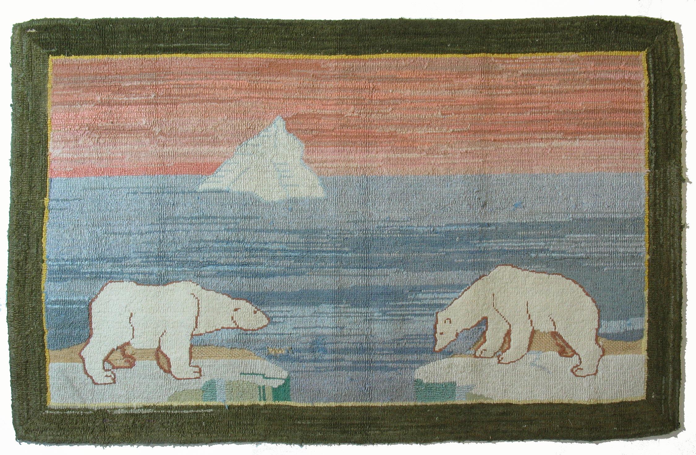 Canadian Large Grenfell Polar Bear Hooked Rug Grenfell Mission, Early 20th Century