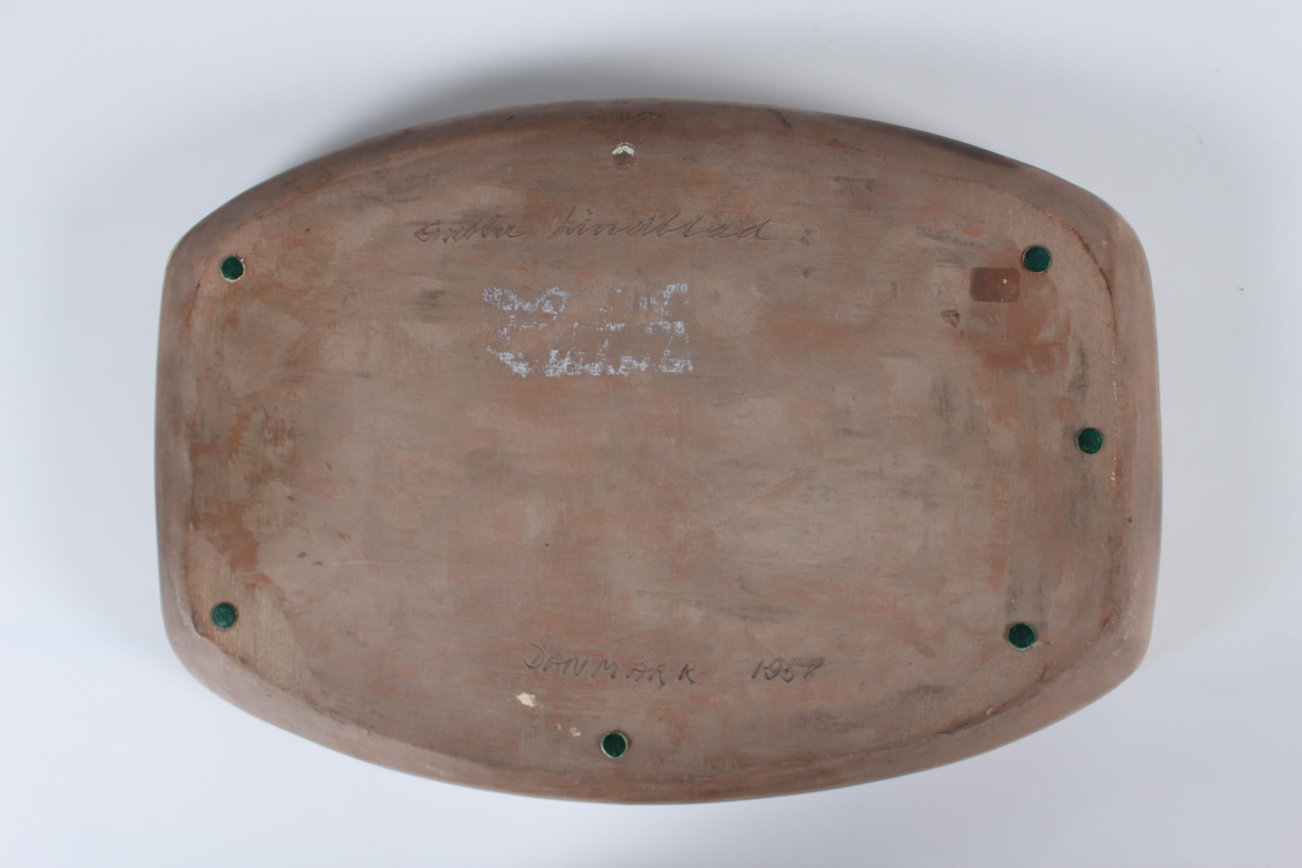 Large Grethe Lindblad Oblong Ceramic Dish with Figurative Motif Denmark 1958 1