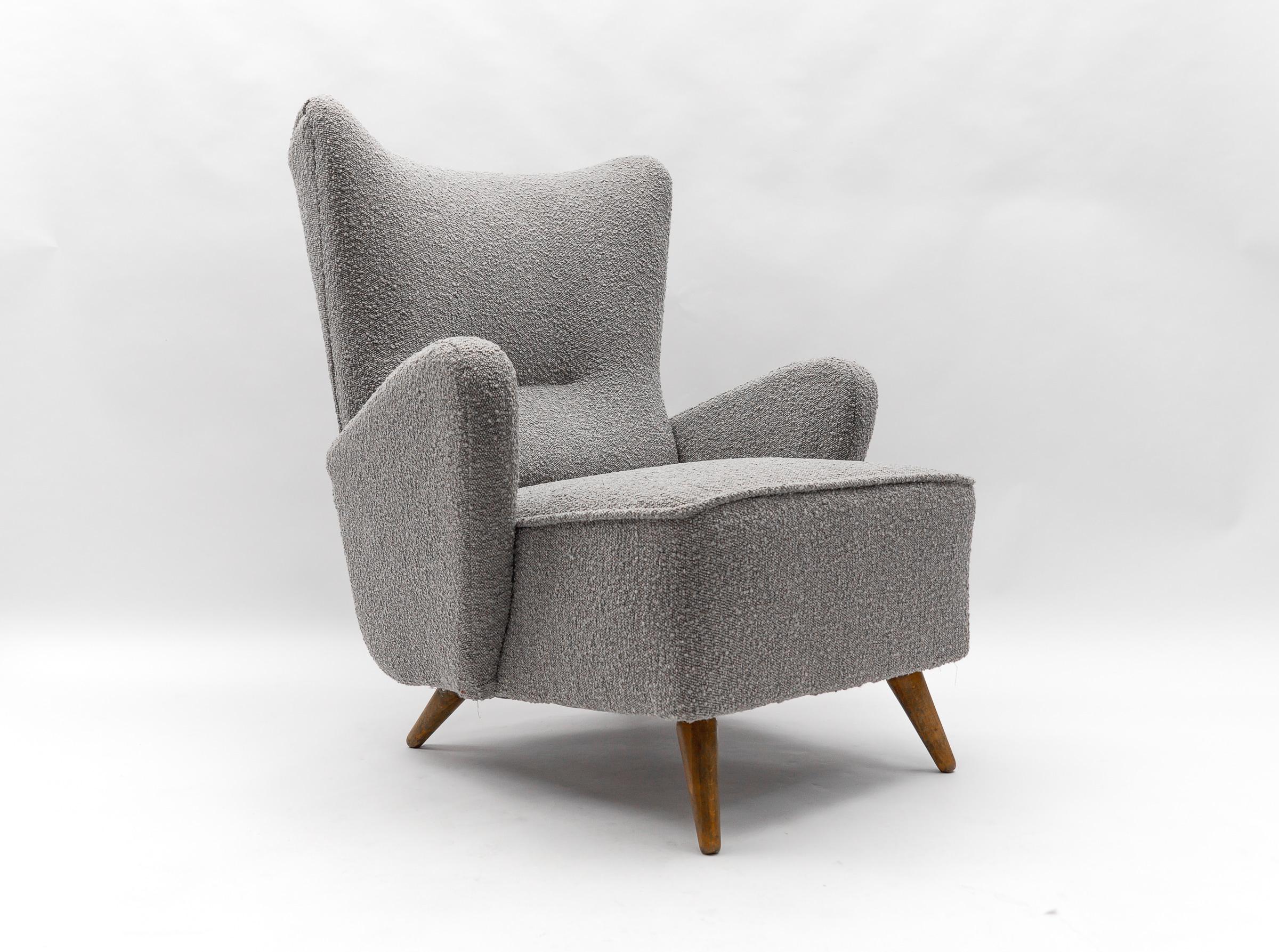 Italian Large Grey Boucle Fabric Wingback Armchair, Italy, 1950s For Sale