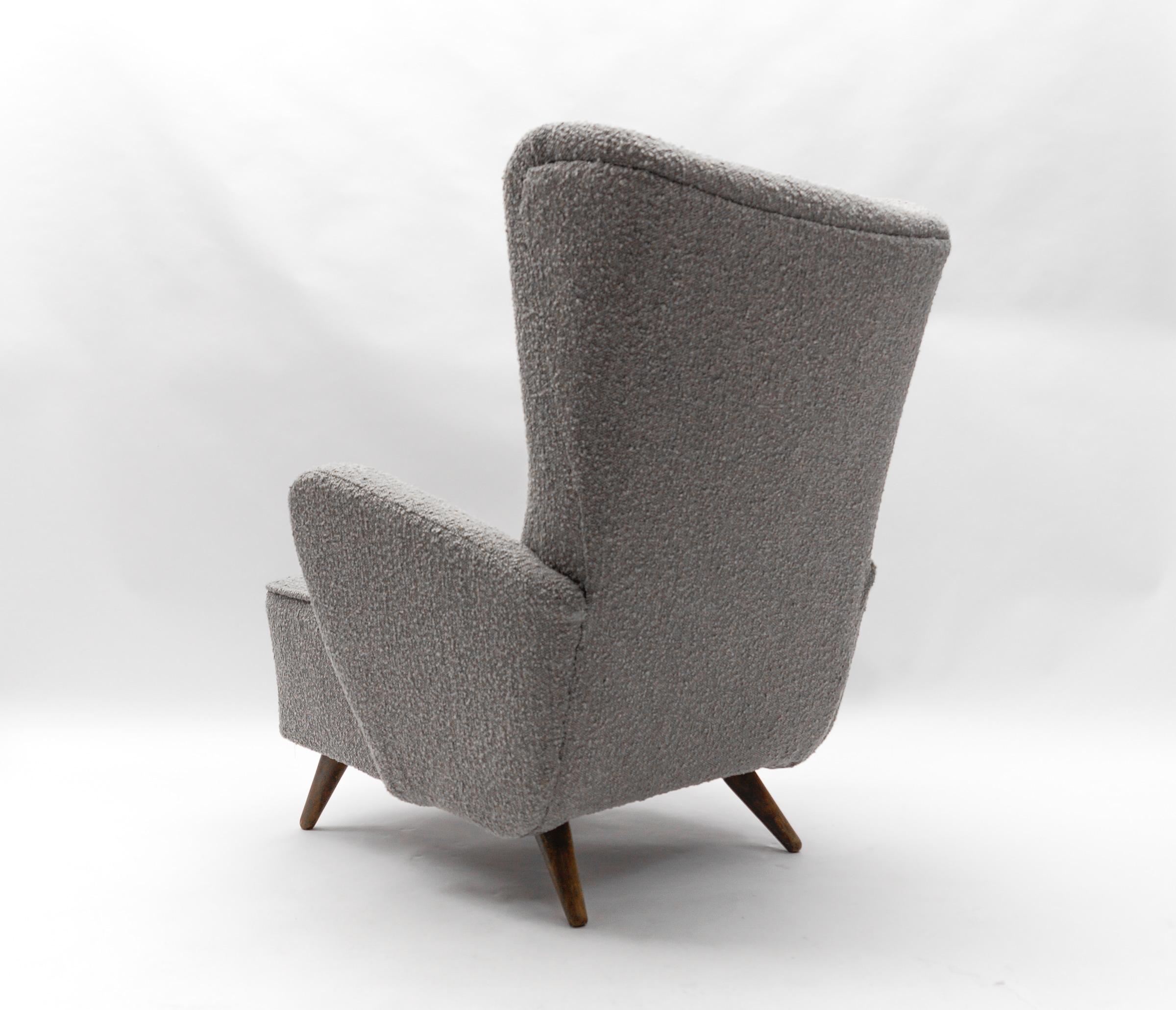 Bouclé Large Grey Boucle Fabric Wingback Armchair, Italy, 1950s For Sale
