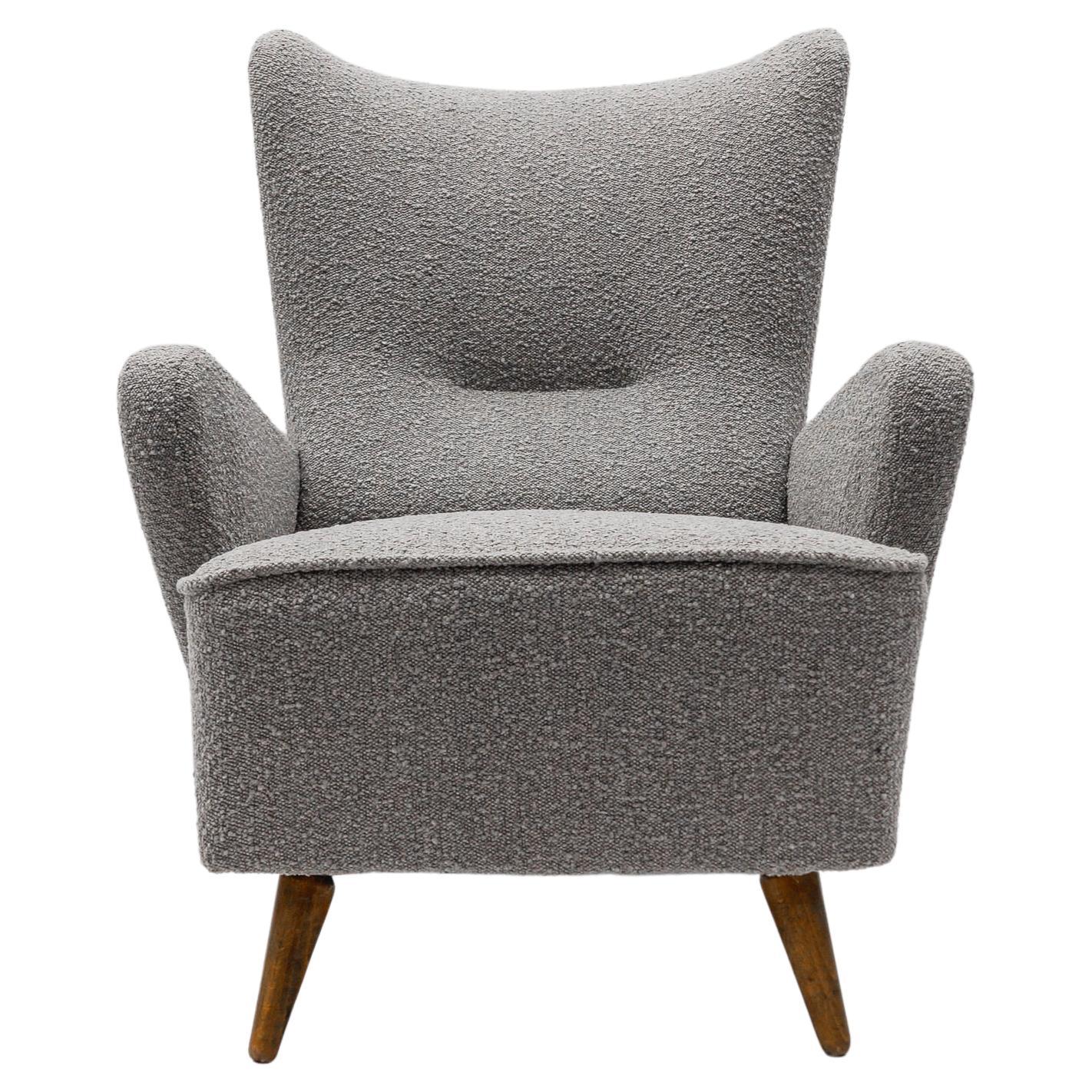 Large Grey Boucle Fabric Wingback Armchair, Italy, 1950s For Sale