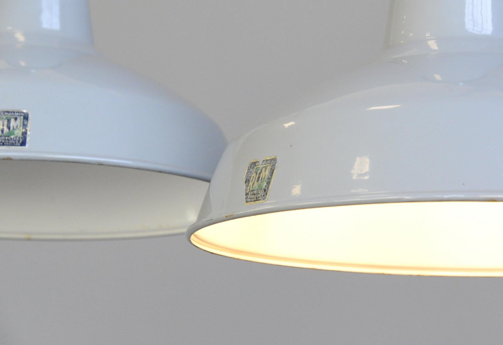 Large Grey Enamel Factory Lights By Benjamin Circa 1950s

- Price is per light (36 available)
- Vitreous grey enamel
- White enamel inner reflectors
- Comes with 100cm of gold twist cable
- Comes with 100cm of steel suspension chain
- Comes