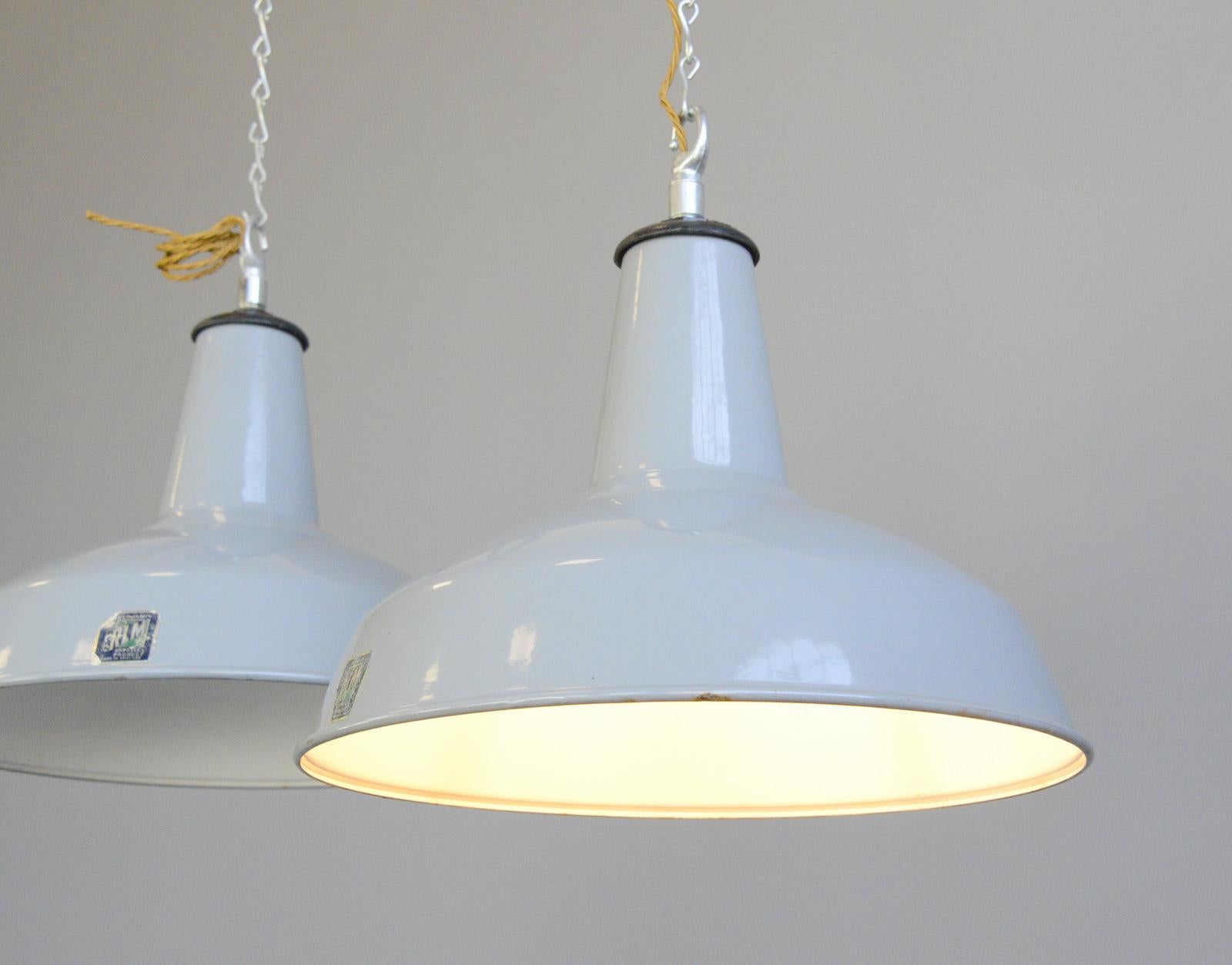 Industrial Large Grey Enamel Factory Lights By Benjamin Circa 1950s